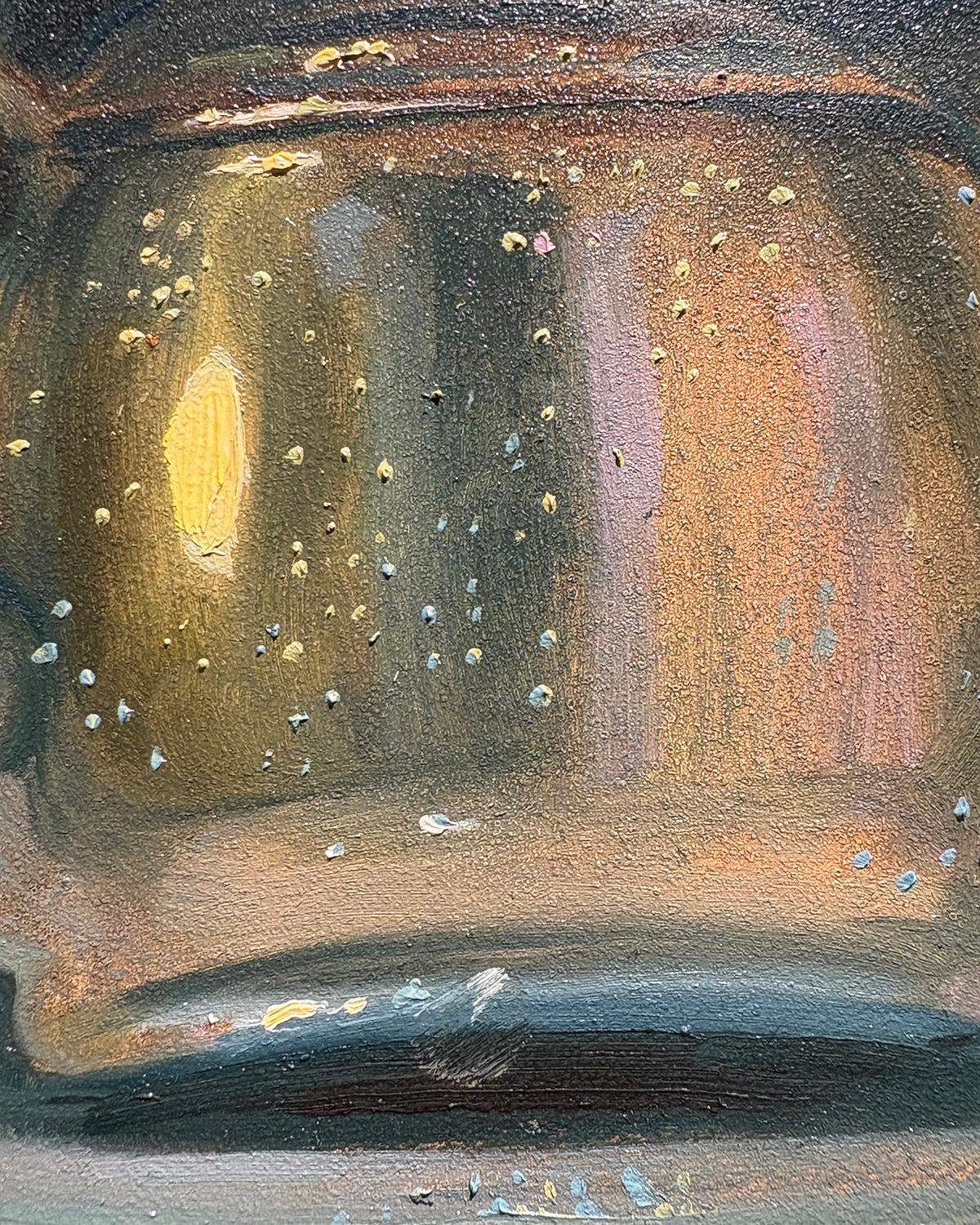 Protezione II (Natura morta contemporanea nei toni del blu e del verde di un bollitore in un barattolo) - Still-Life Painting Grigio di Carl Grauer