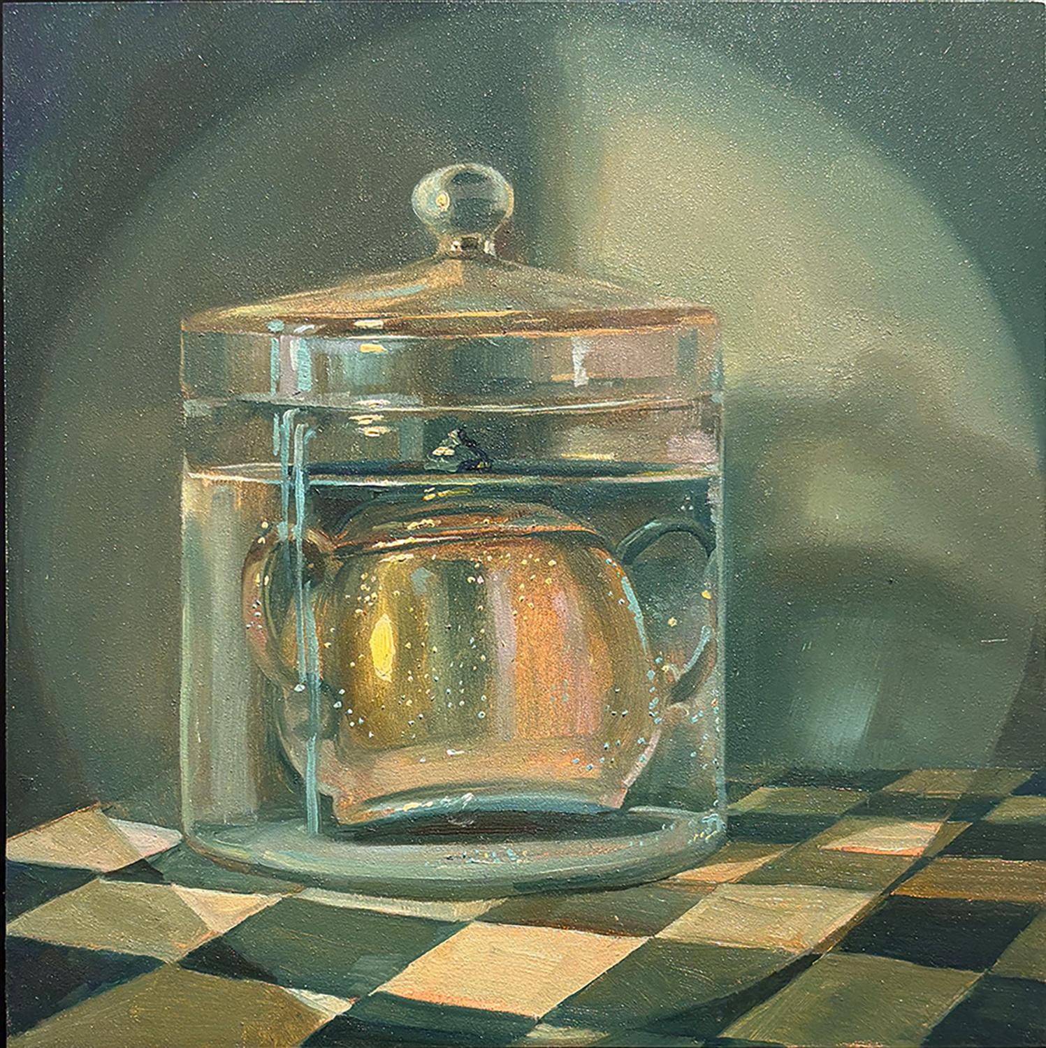 Still-Life Painting di Carl Grauer - Protezione II (Natura morta contemporanea nei toni del blu e del verde di un bollitore in un barattolo)