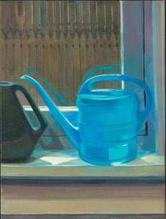 Water Pitchers (Contemporary Still Life of Bright Blue Watering Can, Framed)