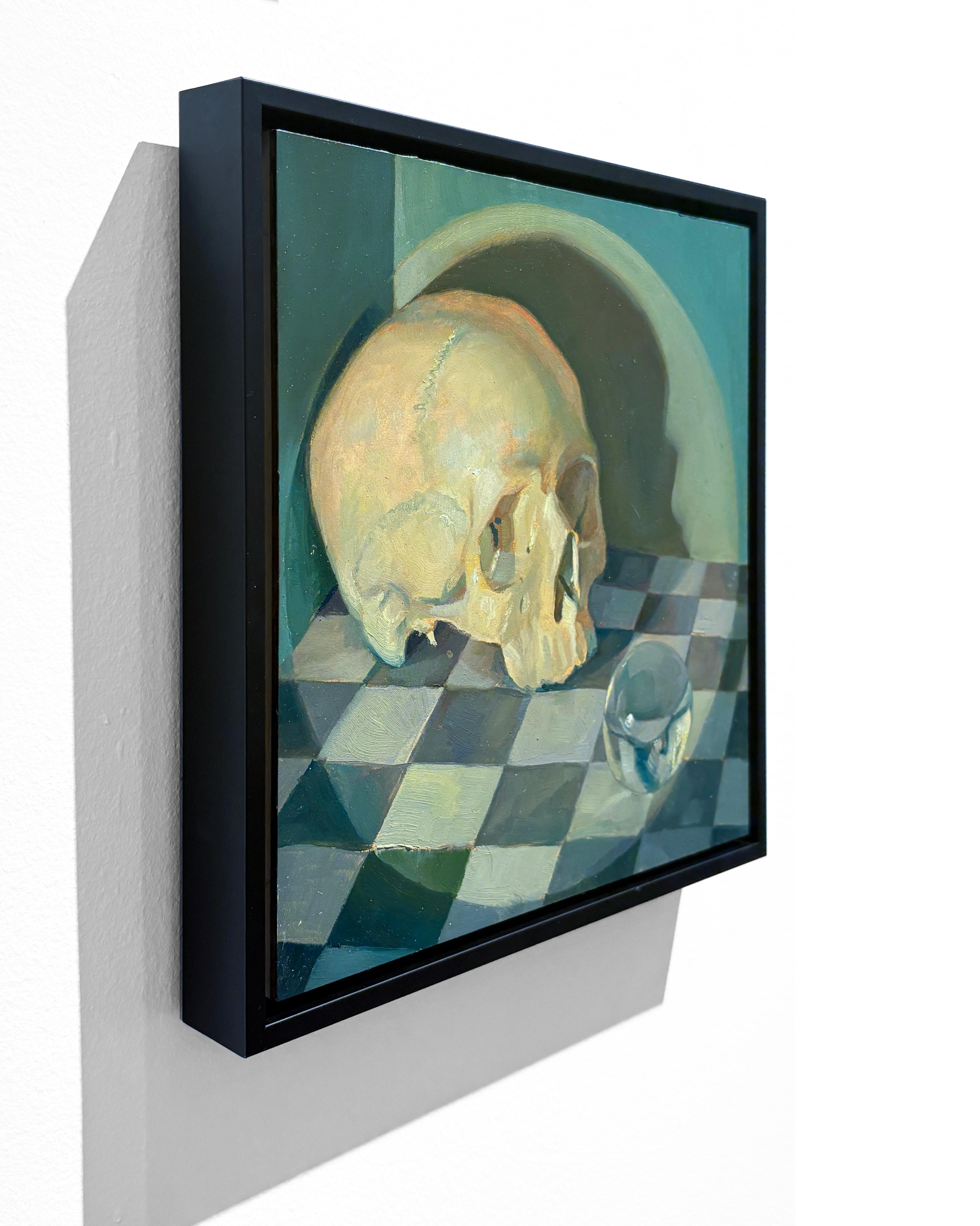 Yorik (Cráneo y Orbe Vanitas Naturaleza Muerta Pintura al Óleo en Colores Fríos) en venta 1