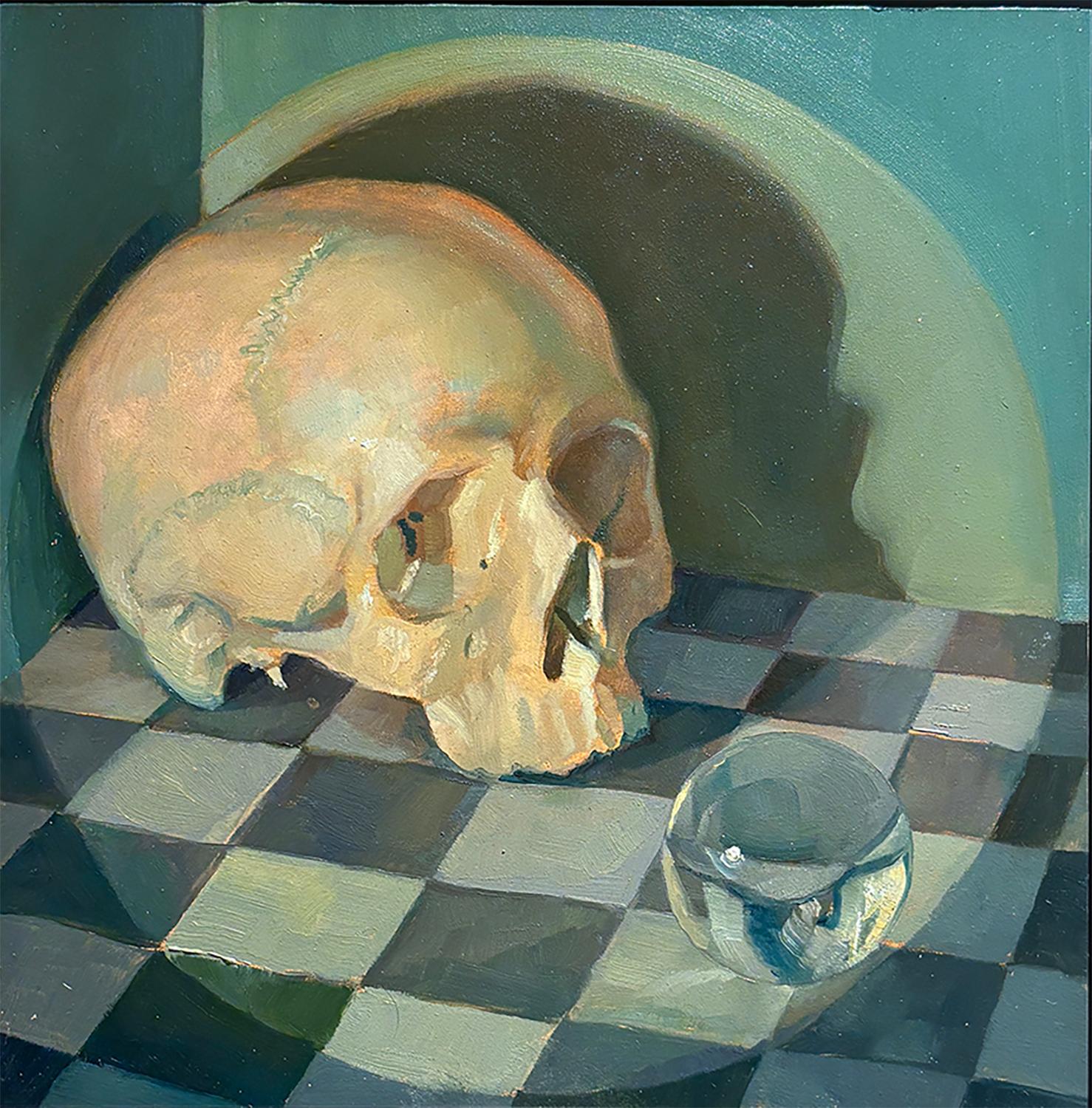 Still-Life Painting de Carl Grauer - Yorik (Cráneo y Orbe Vanitas Naturaleza Muerta Pintura al Óleo en Colores Fríos)
