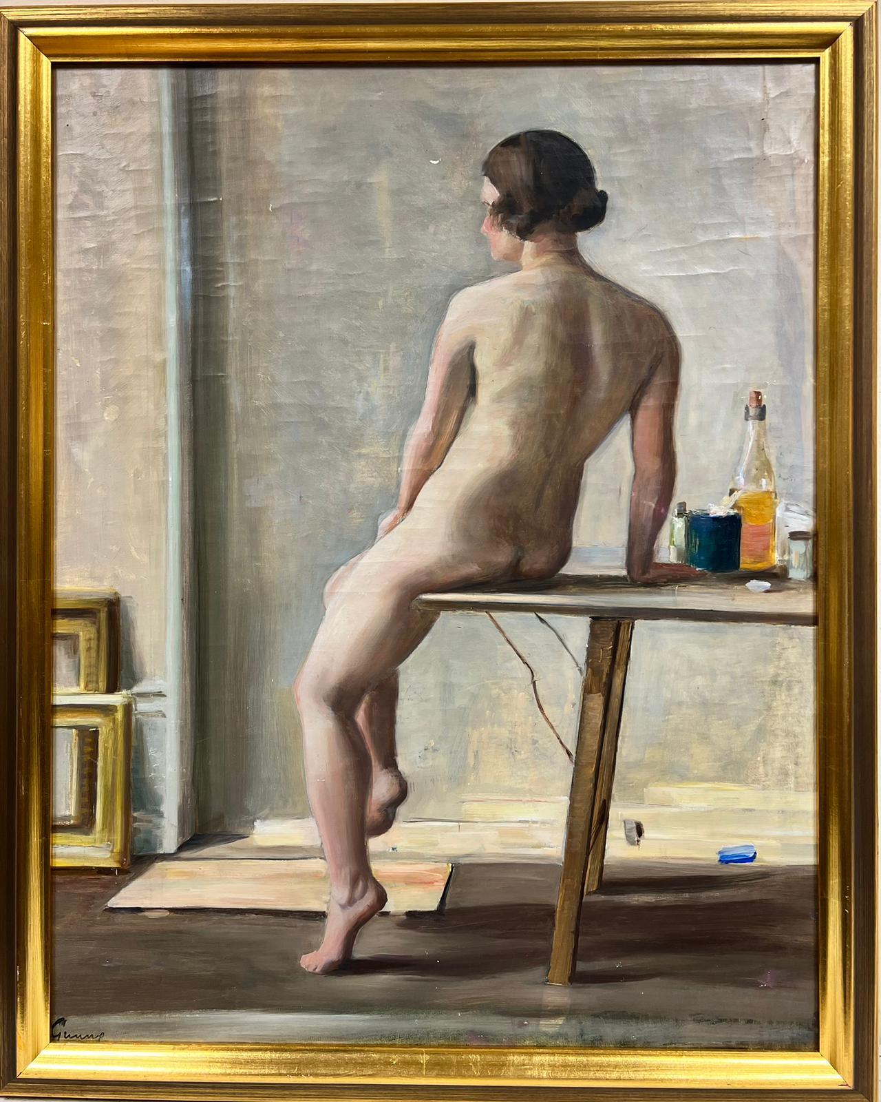 Nude Lady in Interior Artists Model Mid Century Swedish Oil on Canvas framed - Painting by Carl Gunne