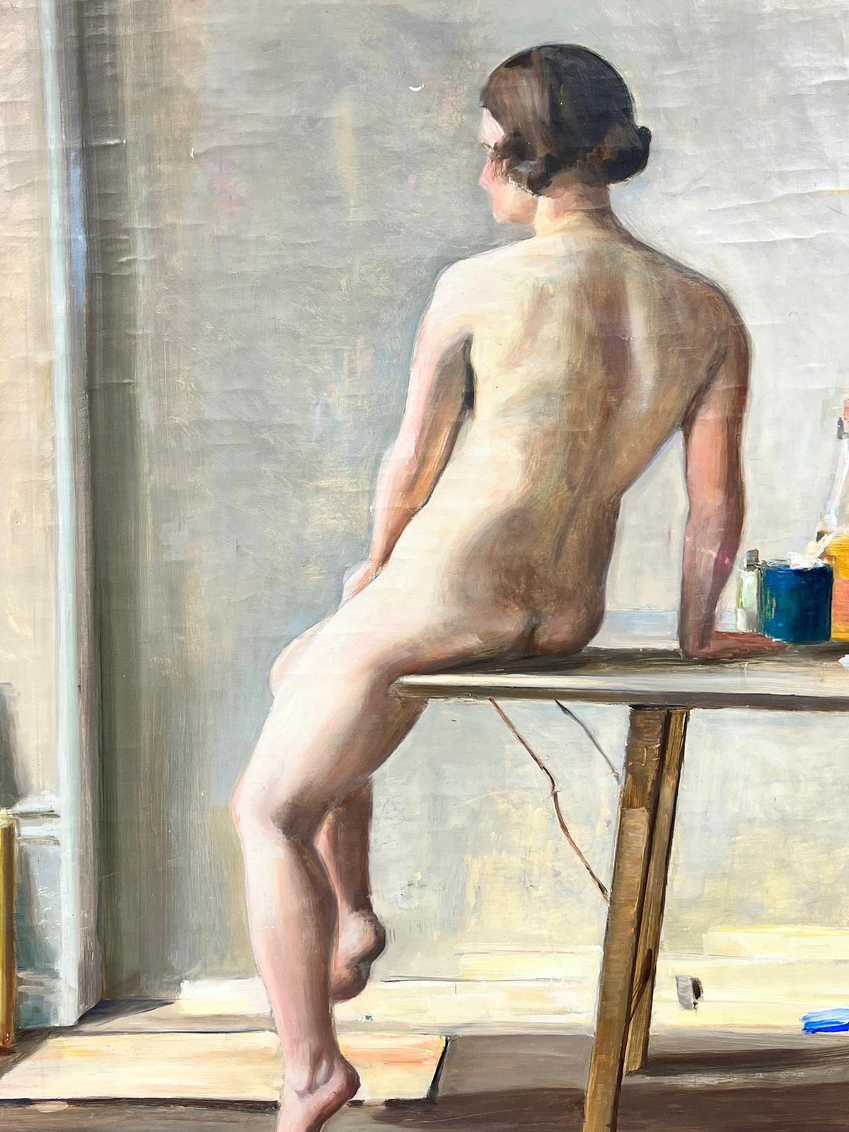 Femme nue dans un intérieur Modèle d'artiste Suédois du milieu du siècle Huile sur toile encadrée en vente 1