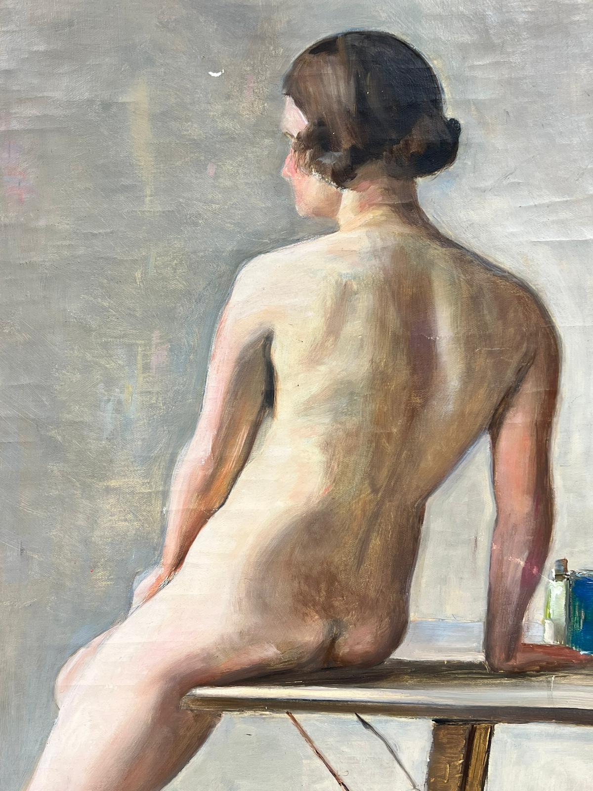 Femme nue dans un intérieur Modèle d'artiste Suédois du milieu du siècle Huile sur toile encadrée en vente 2