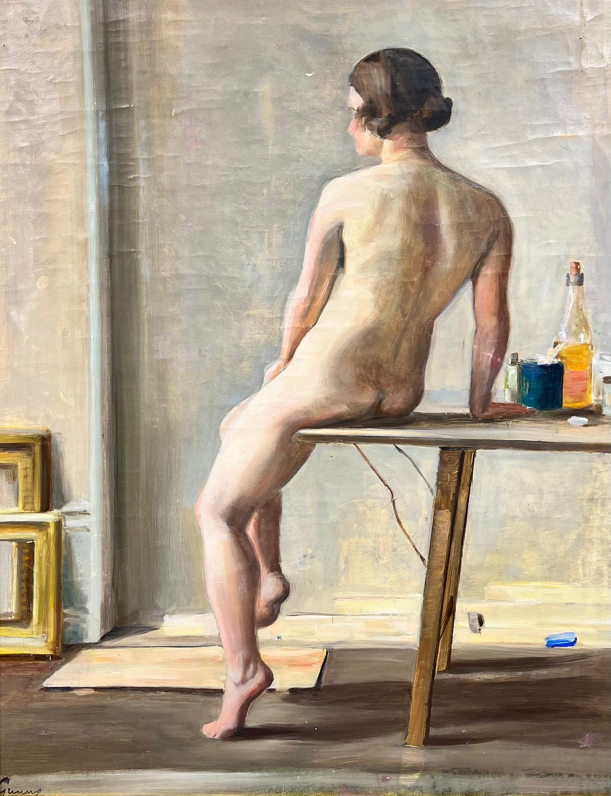 Nude Painting Carl Gunne - Femme nue dans un intérieur Modèle d'artiste Suédois du milieu du siècle Huile sur toile encadrée