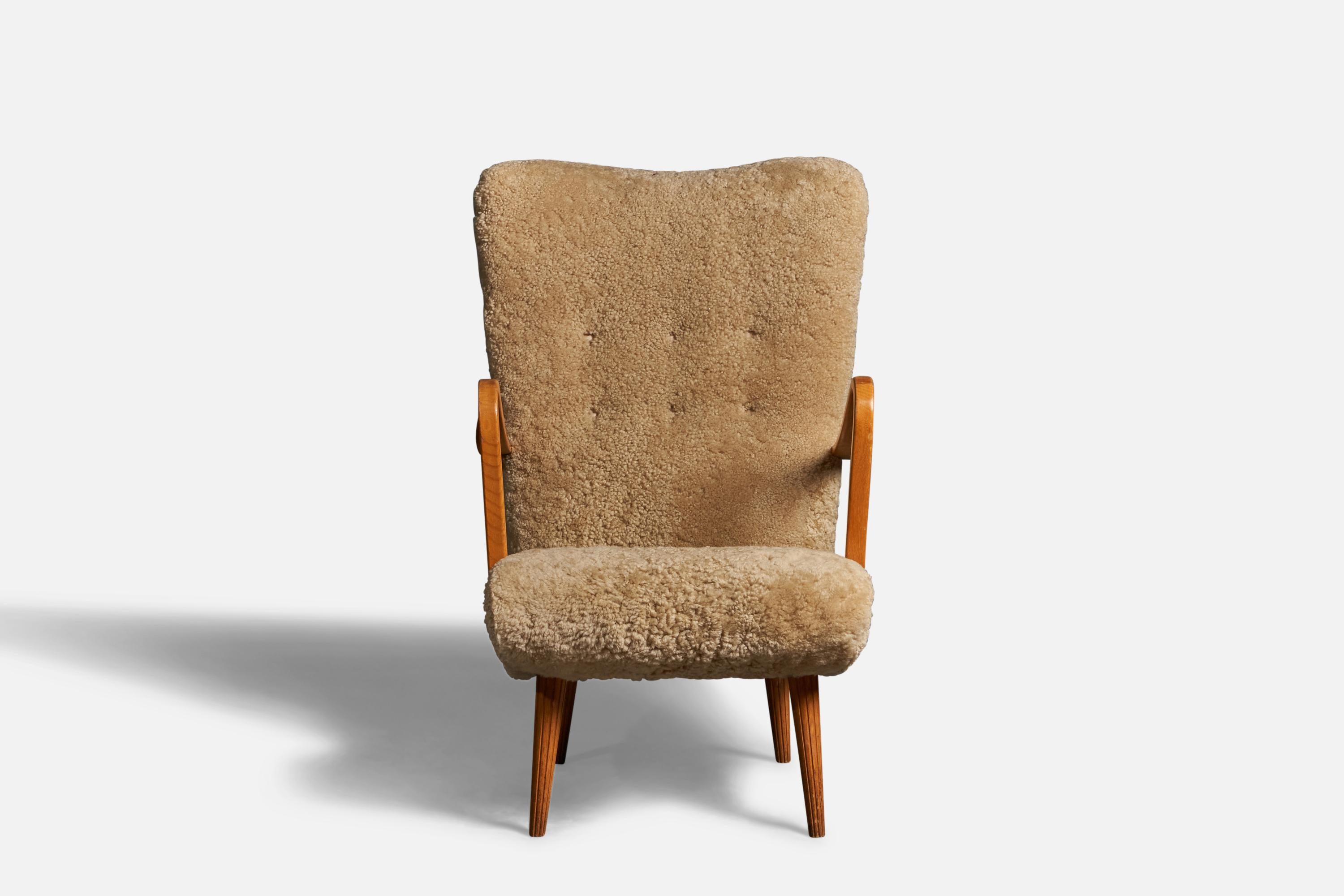 Finnish Carl Gustaf Hiort Af Ornäs Attribution Lounge Chair Wood Shearling Finland 1950s For Sale