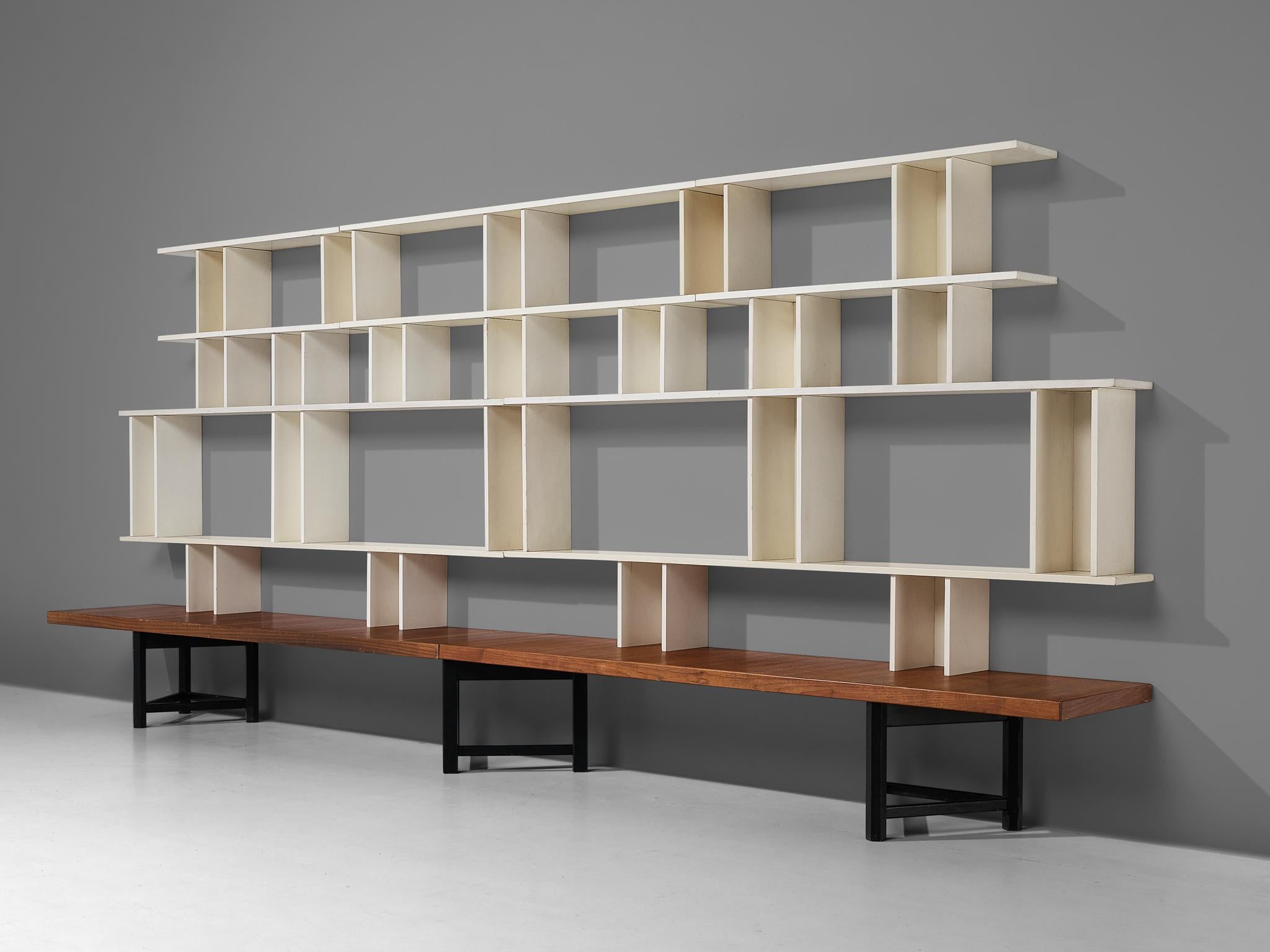 Carl Gustaf Hiort af Ornäs for Huonekalu Mikko Nupponen, 'Välipala' bookcase, teak, lacquered wood, Finland, 1950s

Designed by the Finnish designer Carl Gustaf Hiort, this wall unit is an architectural masterpiece constructed from various wooden