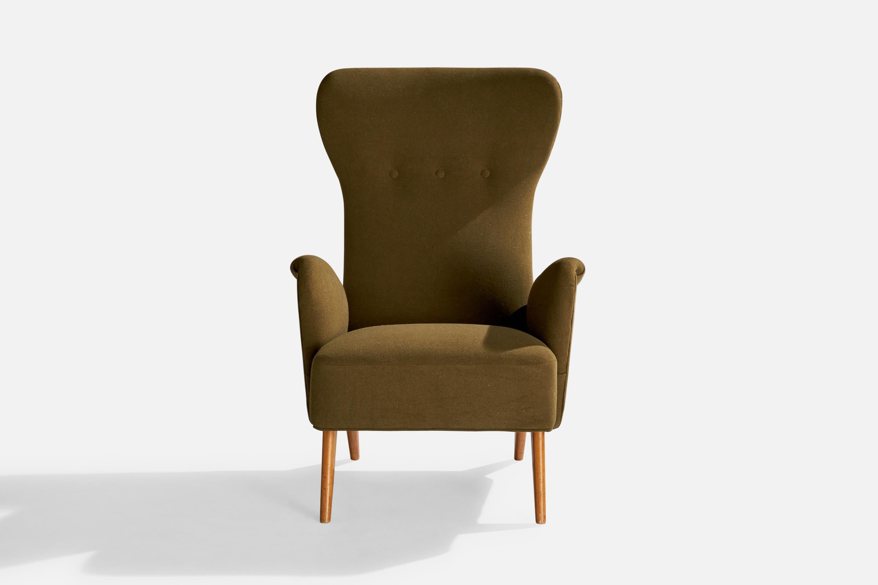 Finnish Carl Gustaf Hiort af Ornäs, Lounge Chair, Wood, Fabric, Finland, 1940s For Sale