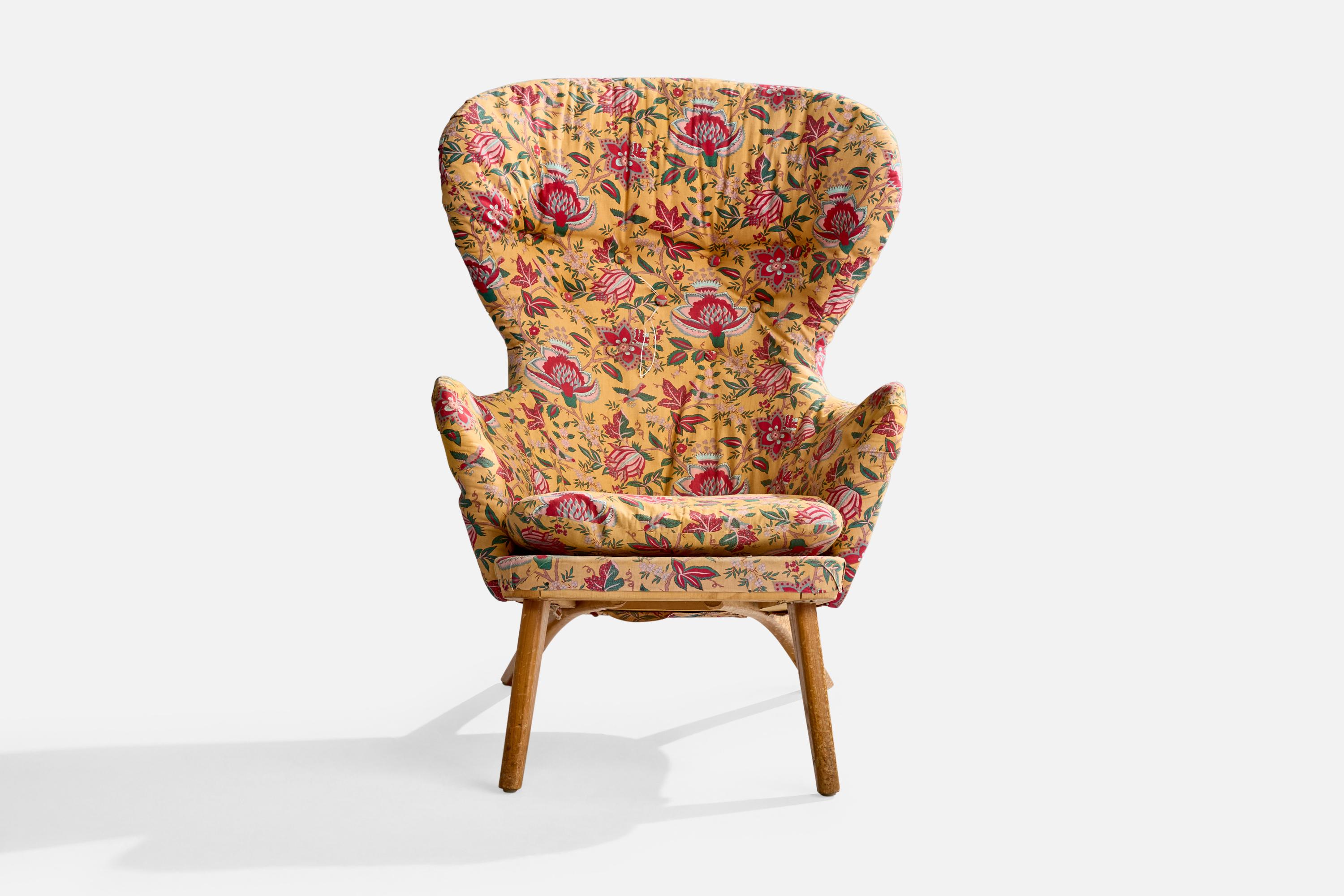 Mid-Century Modern Carl Gustaf Hiort Af Ornäs, Lounge Chair, Wood, Fabric, Finland, 1950s For Sale