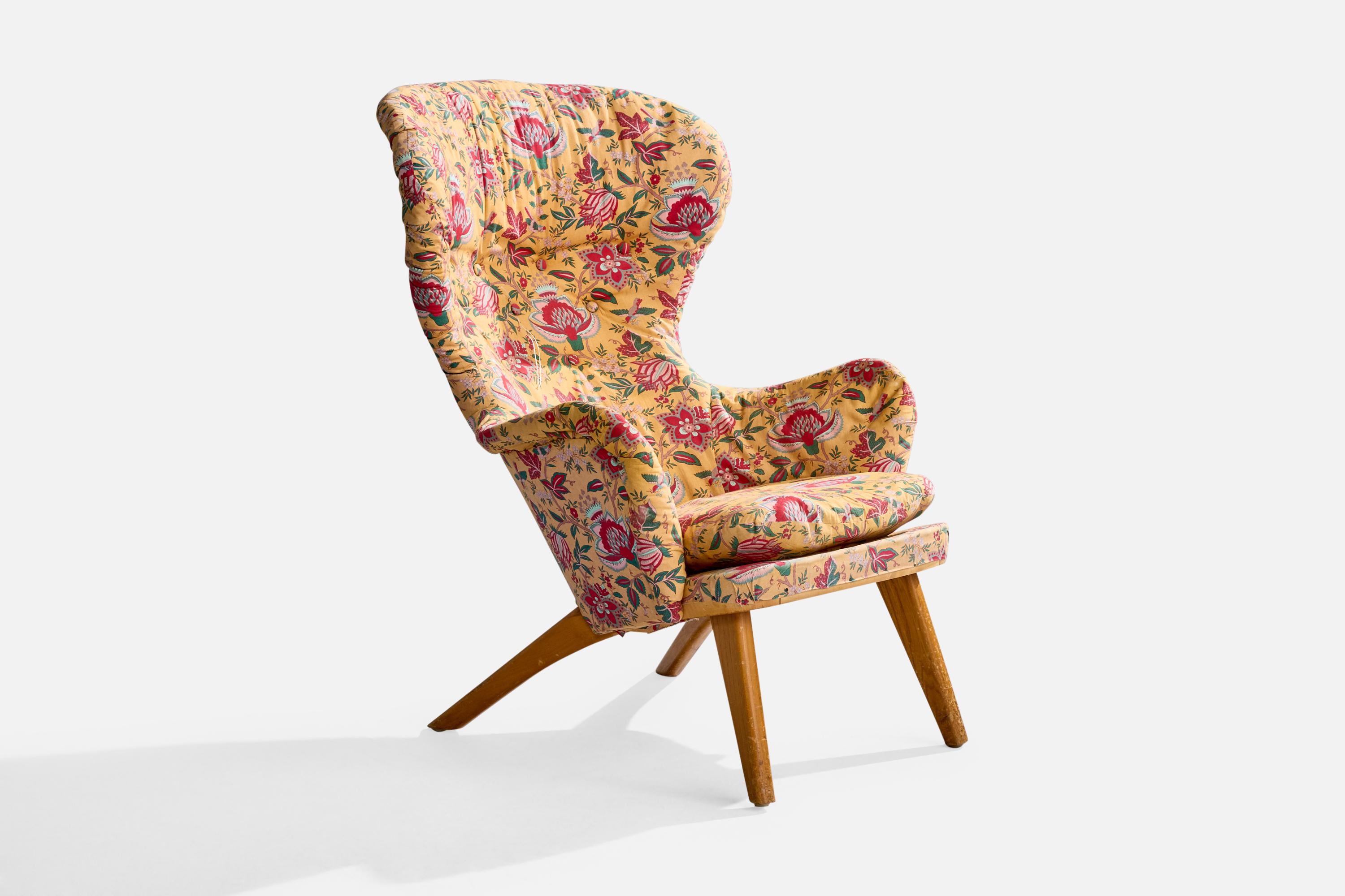 Finnish Carl Gustaf Hiort Af Ornäs, Lounge Chair, Wood, Fabric, Finland, 1950s For Sale