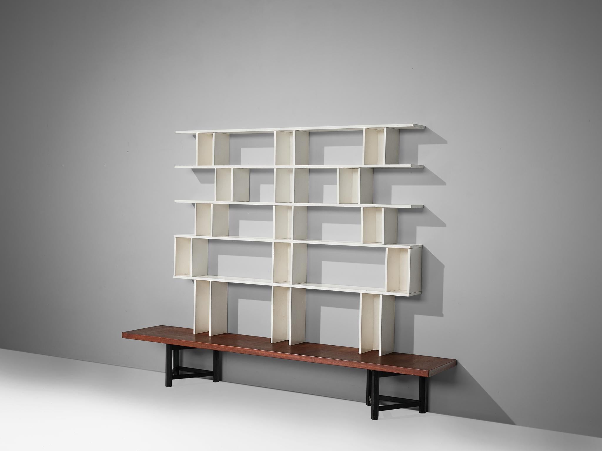 Carl Gustaf Hiort af Ornäs fot Huonekalu Mikko Nupponen, 'Välipala' bookcase, teak, wood, Finland, 1950s.

This bookcase is designed by the Finnish designer Carl Gustaf Hiort. The bookcase is built of several wooden elements in different colors,