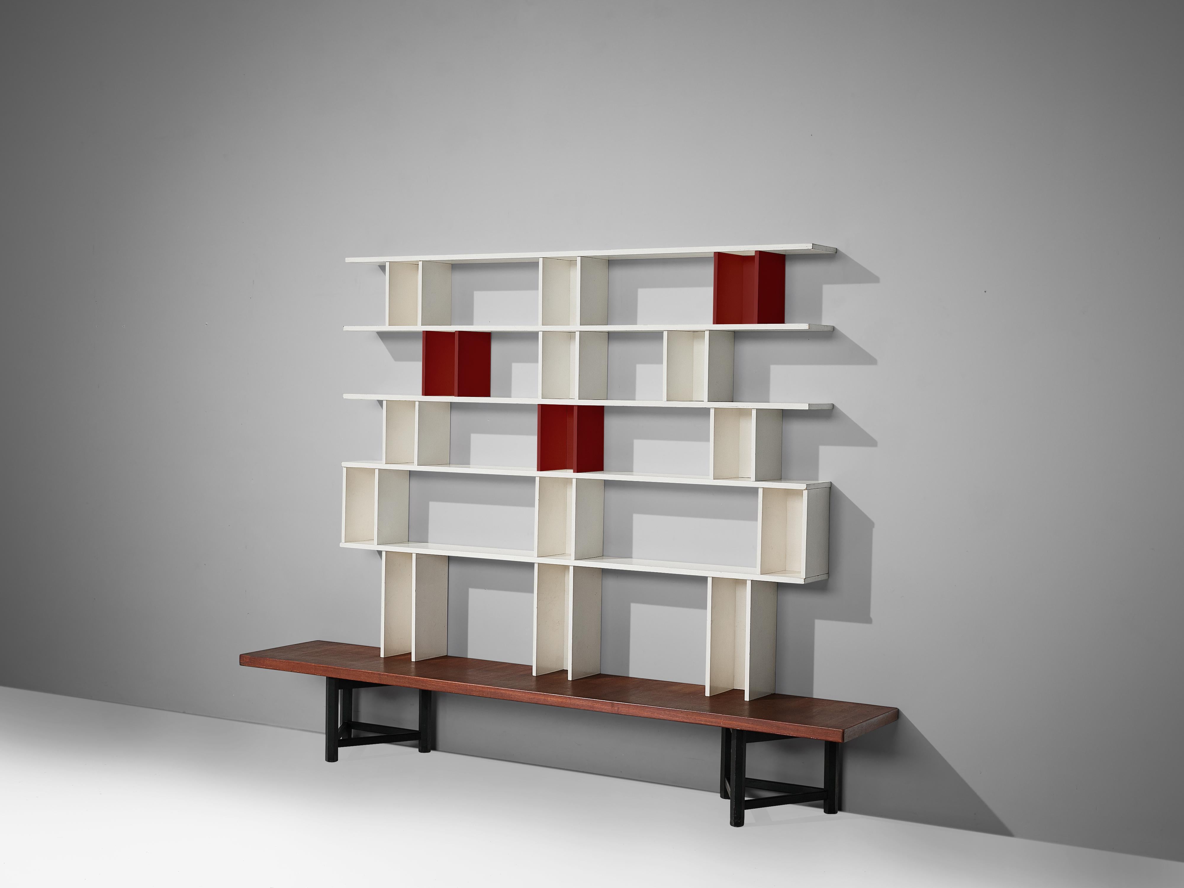 Carl Gustaf Hiort af Ornäs fot Huonekalu Mikko Nupponen, 'Välipala' bookcase, teak, wood, Finland, 1950s.

This bookcase is designed by the Finnish designer Carl Gustaf Hiort. The bookcase is built of several wooden elements in different colors,
