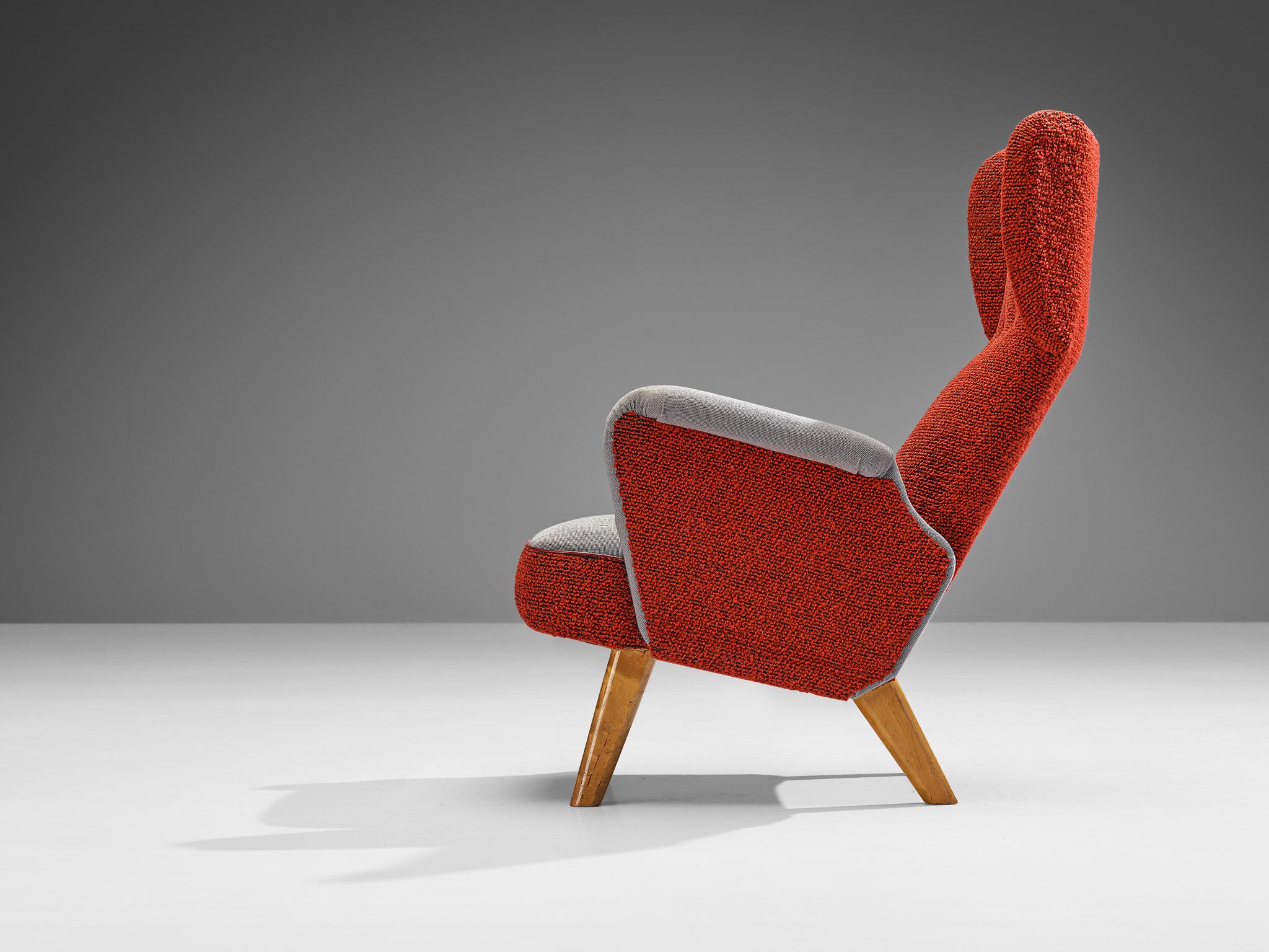 Mid-Century Modern Carl Gustaf Hiort Wingback Chair in Red and Grey Upholstery  For Sale