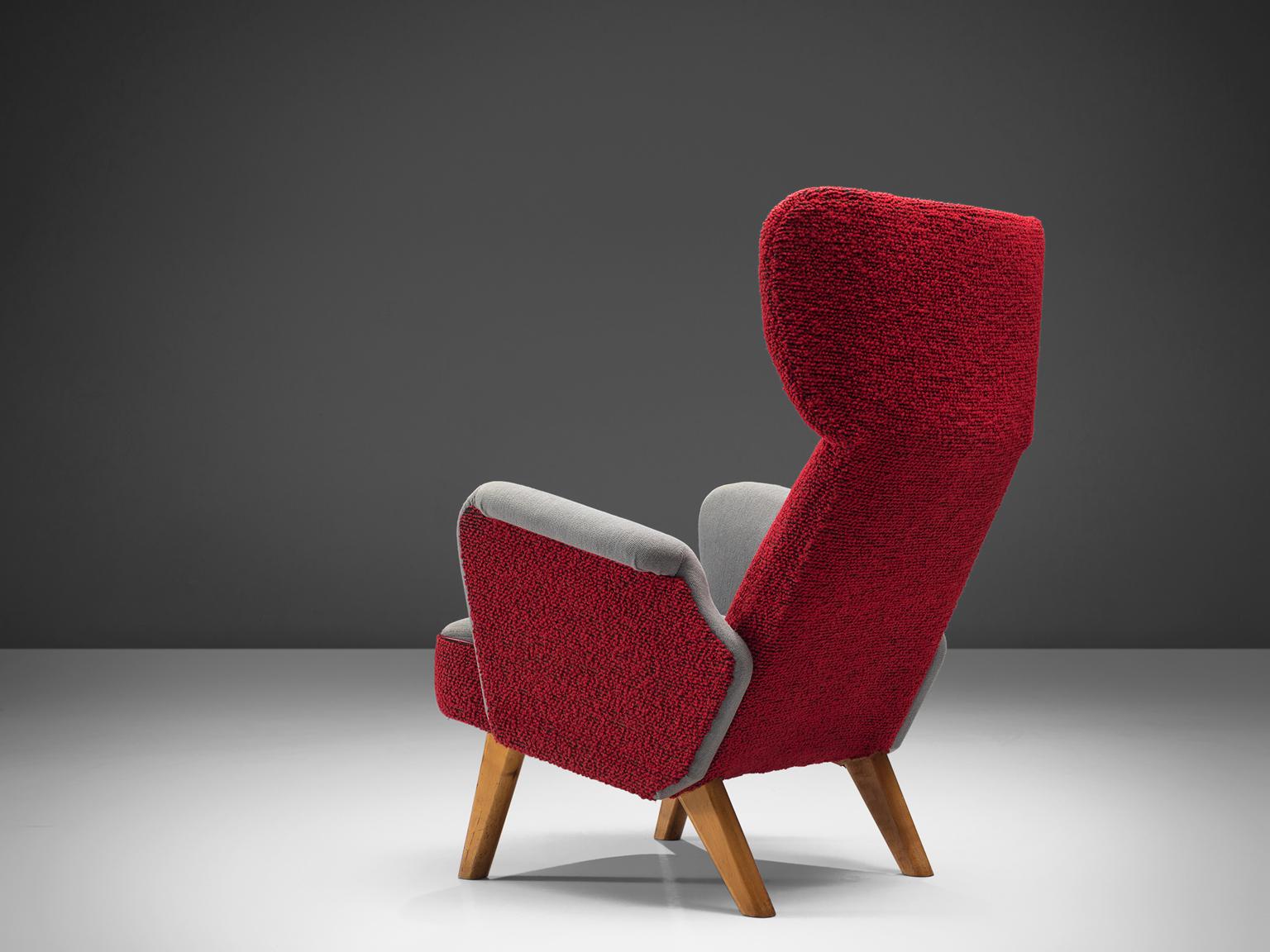 Carl Gustaf Hiort Wingback Chair in Red and Grey Upholstery 1