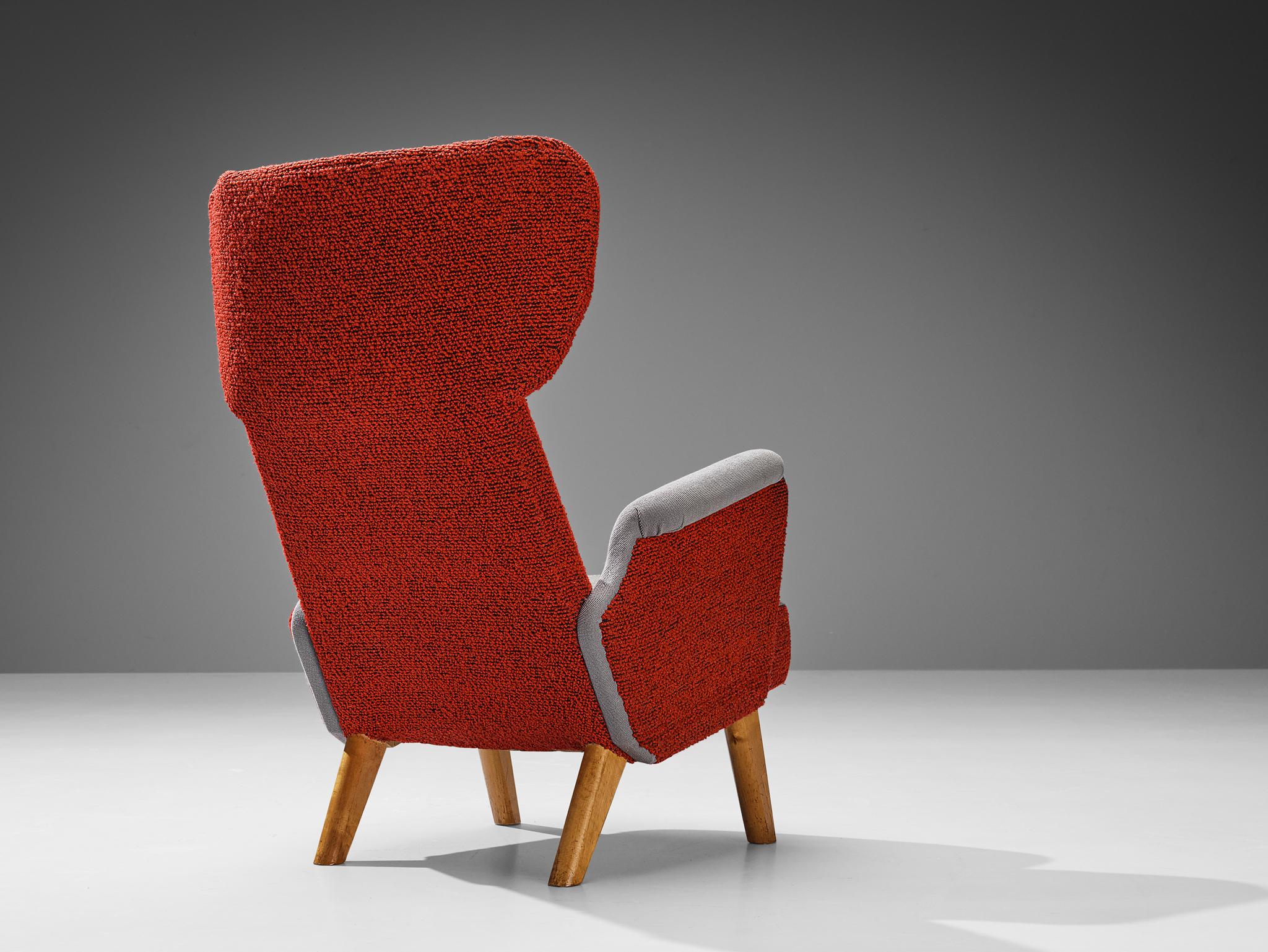 Finnish Carl Gustaf Hiort Wingback Chair in Red and Grey Upholstery  For Sale