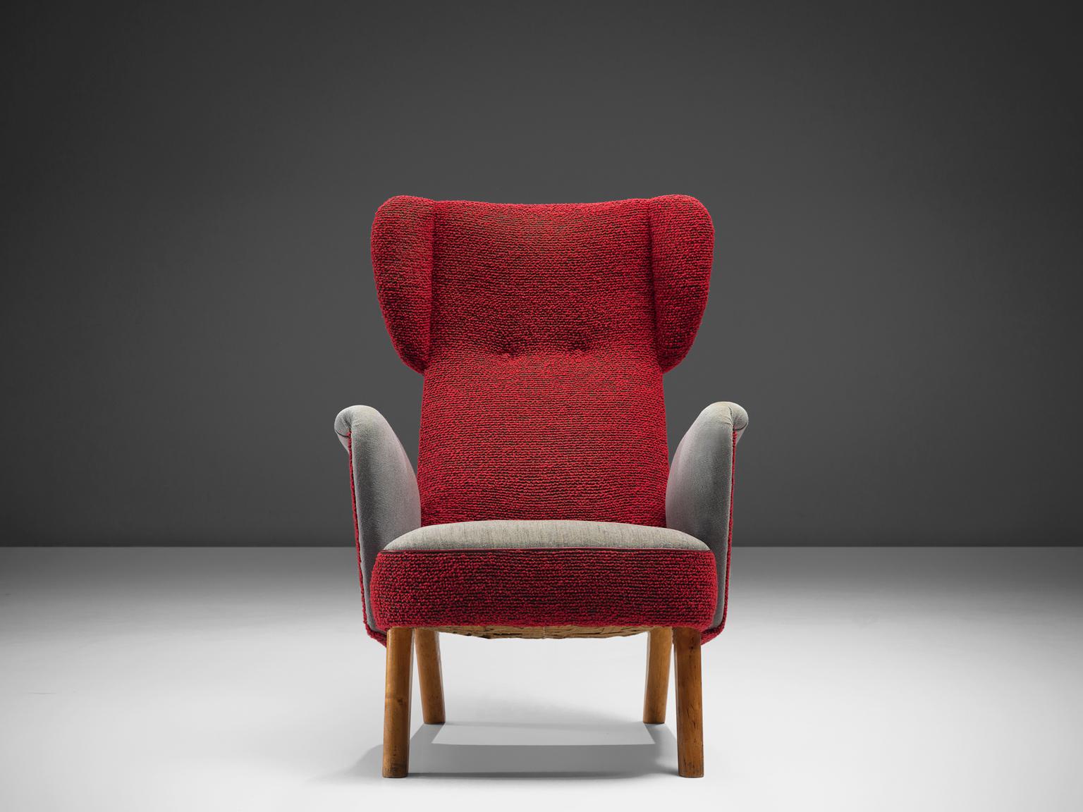 Mid-20th Century Carl Gustaf Hiort Wingback Chair in Red and Grey Upholstery