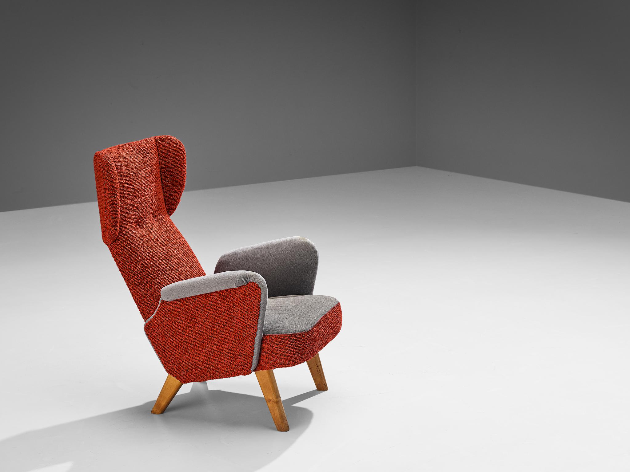 Fabric Carl Gustaf Hiort Wingback Chair in Red and Grey Upholstery  For Sale