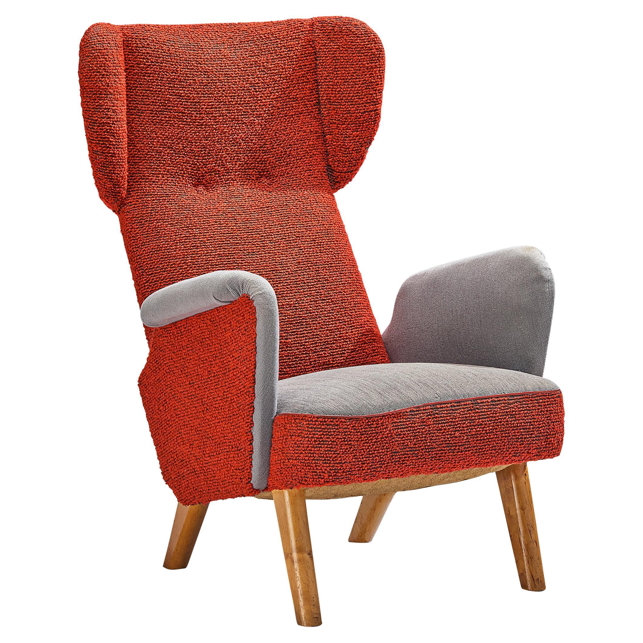Carl Gustaf Hiort Wingback Chair in Red and Grey Upholstery  For Sale