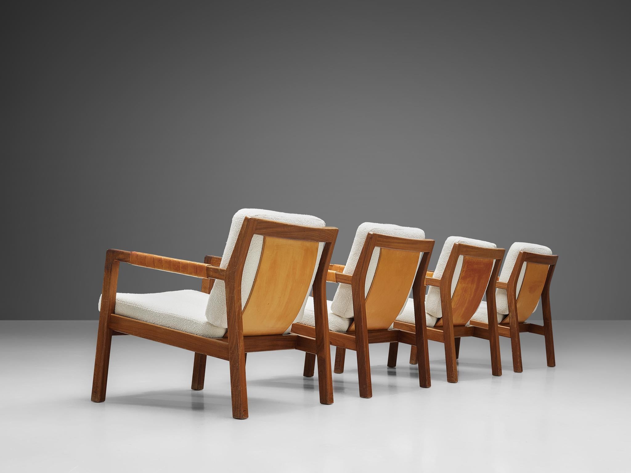 Carl Gustaf Hiort af Örnas for Puunveisto Oy, set of four armchairs, model 'Trienna, teak, leather, textured ivory upholstery, canvas, Finland, 1950s

Set of four easy chairs, designed by Carl Gustaf Hiort in the 1950s. The chairs display an