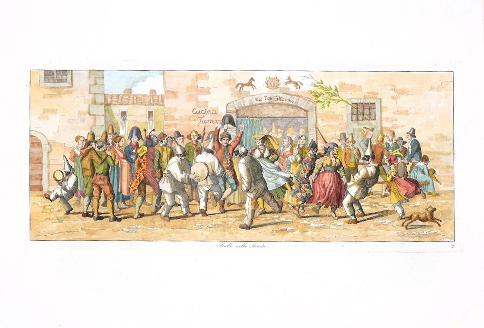 Figurative Print de Carl Gustaf Hyalmar Morner - Bailando en la calle - Grabado original de C. G. Hyalmar Morner - 1820