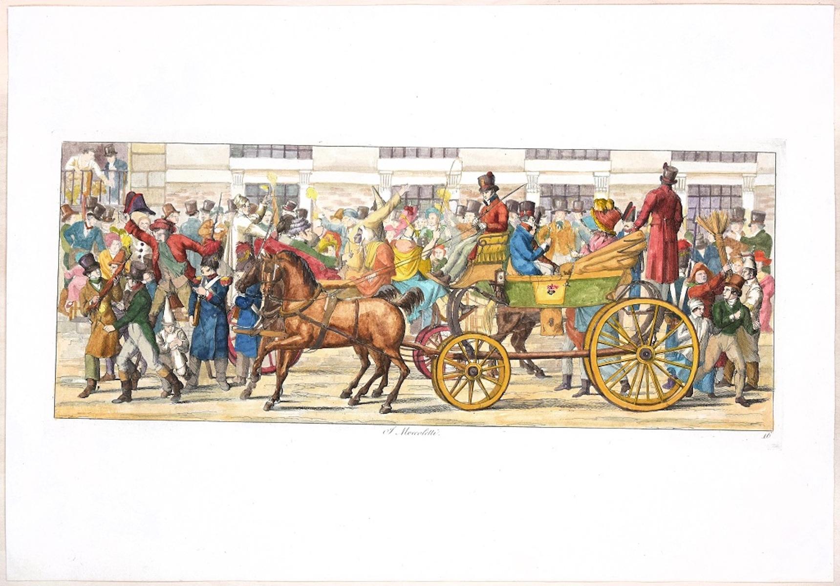 Figurative Print de Carl Gustaf Hyalmar Morner - I Moccoletti - Grabado original de C. G. Hyalmar Morner - 1820