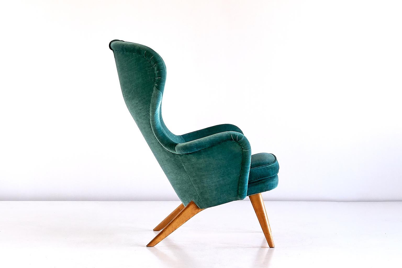 Lacquered Carl-Gustav Hiort Af Ornäs Wingback Armchair in Teal Velvet, Finland, 1952