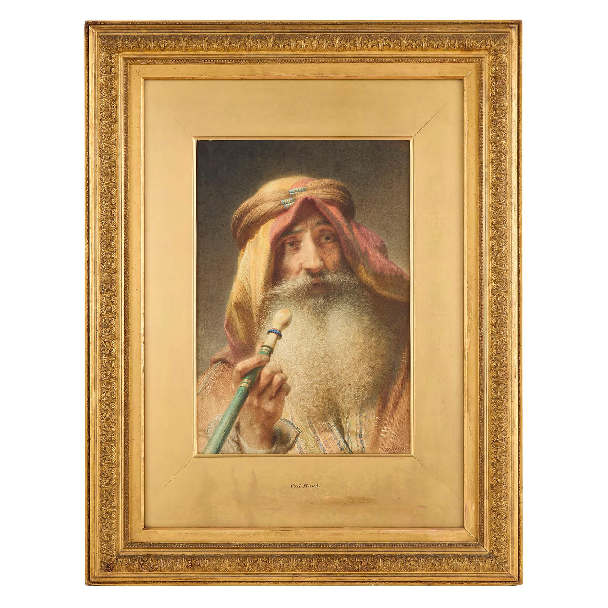 Mashallah Antico Grande Ritratto Orientalista Tedesco ad Acquerello Carl Haag
Tedesco, 1870
Carta: Altezza 50 cm, larghezza 34 cm
Telaio: Altezza 90cm, larghezza 70cm, profondità 8cm

Questo affascinante acquerello è opera di Carl Haag (1820-1915),