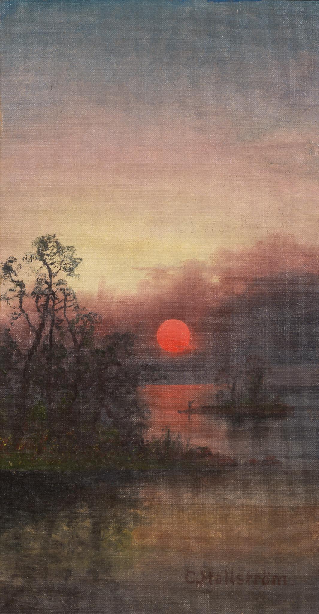 Sunset Over Northern Waters is an oil on canvas painting by Swedish artist Carl Hallström (1850–1929). It depicts a serene Nordic sunset in which a glowing red sun hovers low over still water, casting warm reflections that ripple softly across the