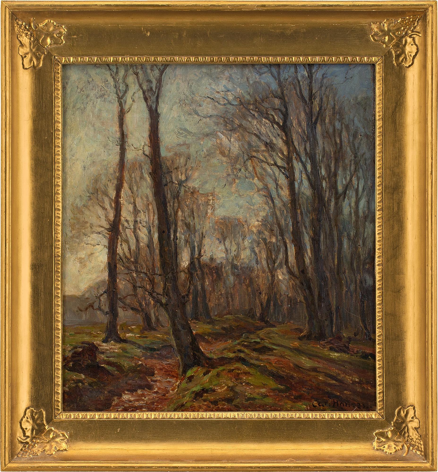 This early 20th-century oil painting by Danish artist Carl Hansen (1870-1934) depicts a wooded view at Dyrehaven (Deer Park), Copenhagen. It was exhibited at a retrospective in 1935.

Leaning towards an early sun, the bare trees of Winter cast long