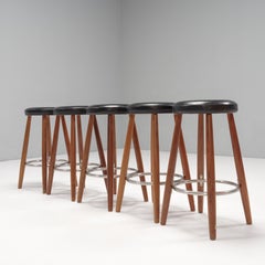 Carl Hansen by Hans J Wegner Black Leather & Walnut CH56 Bar Stools, Set of 5