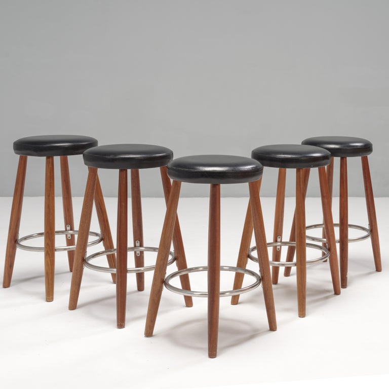 Carl Hansen by Hans J Wegner Black Leather and Walnut CH56 Bar Stools