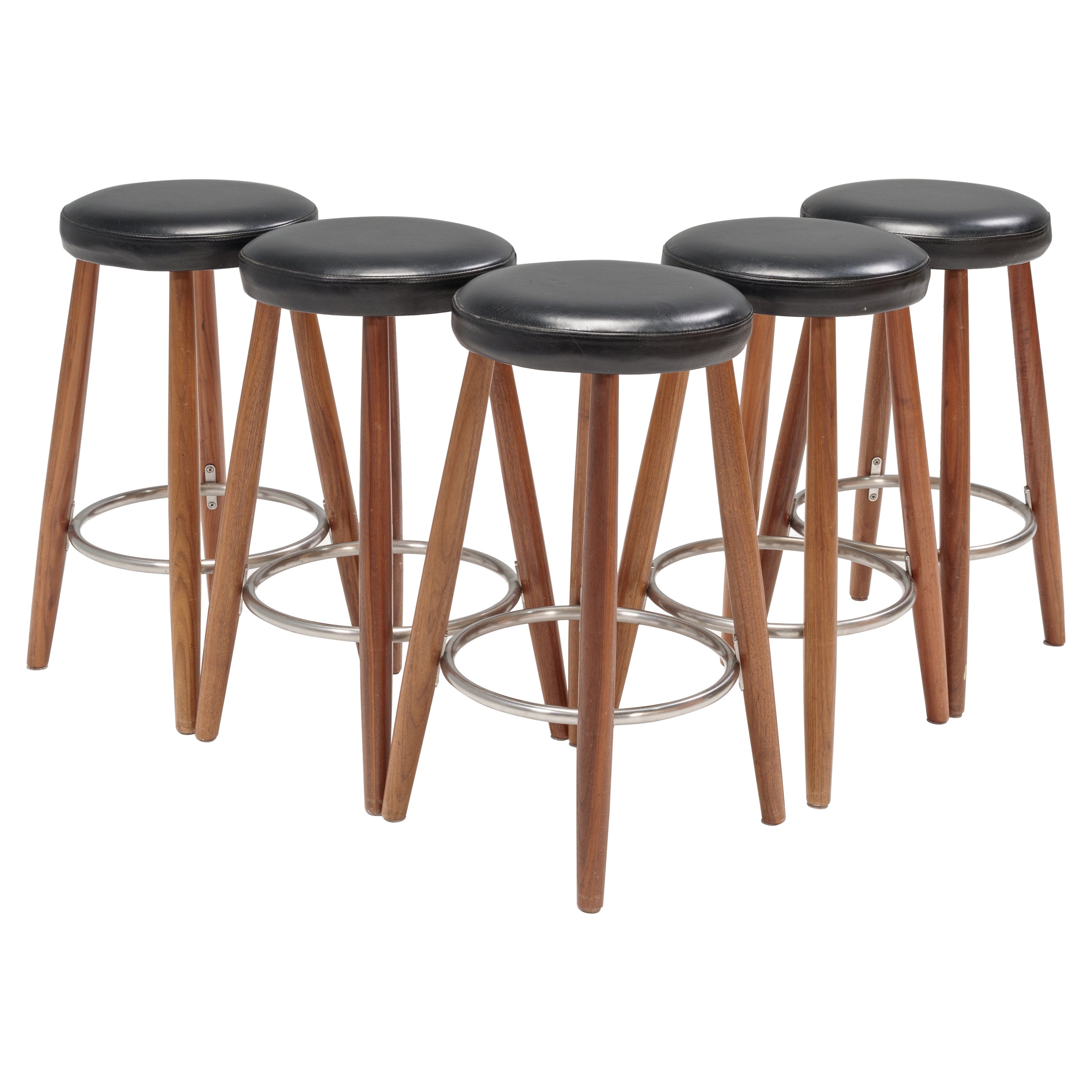 Carl Hansen by Hans J Wegner Black Leather & Walnut CH56 Bar Stools, Set of 5
