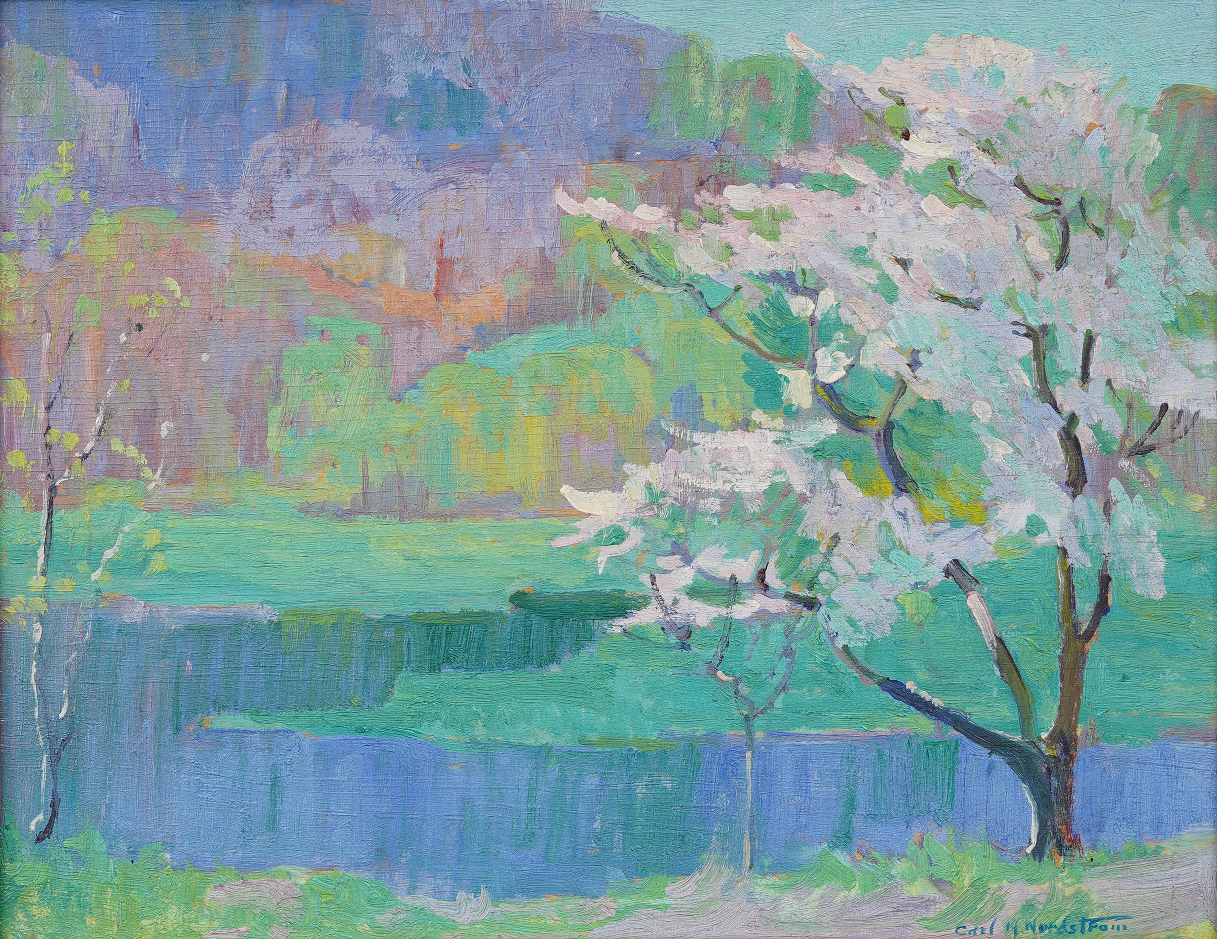 Antico paesaggio ad olio con cornice dell'impressionista americano Spring Blossom River Valley - Painting Impressionismo di Carl Harold Nordstrom 