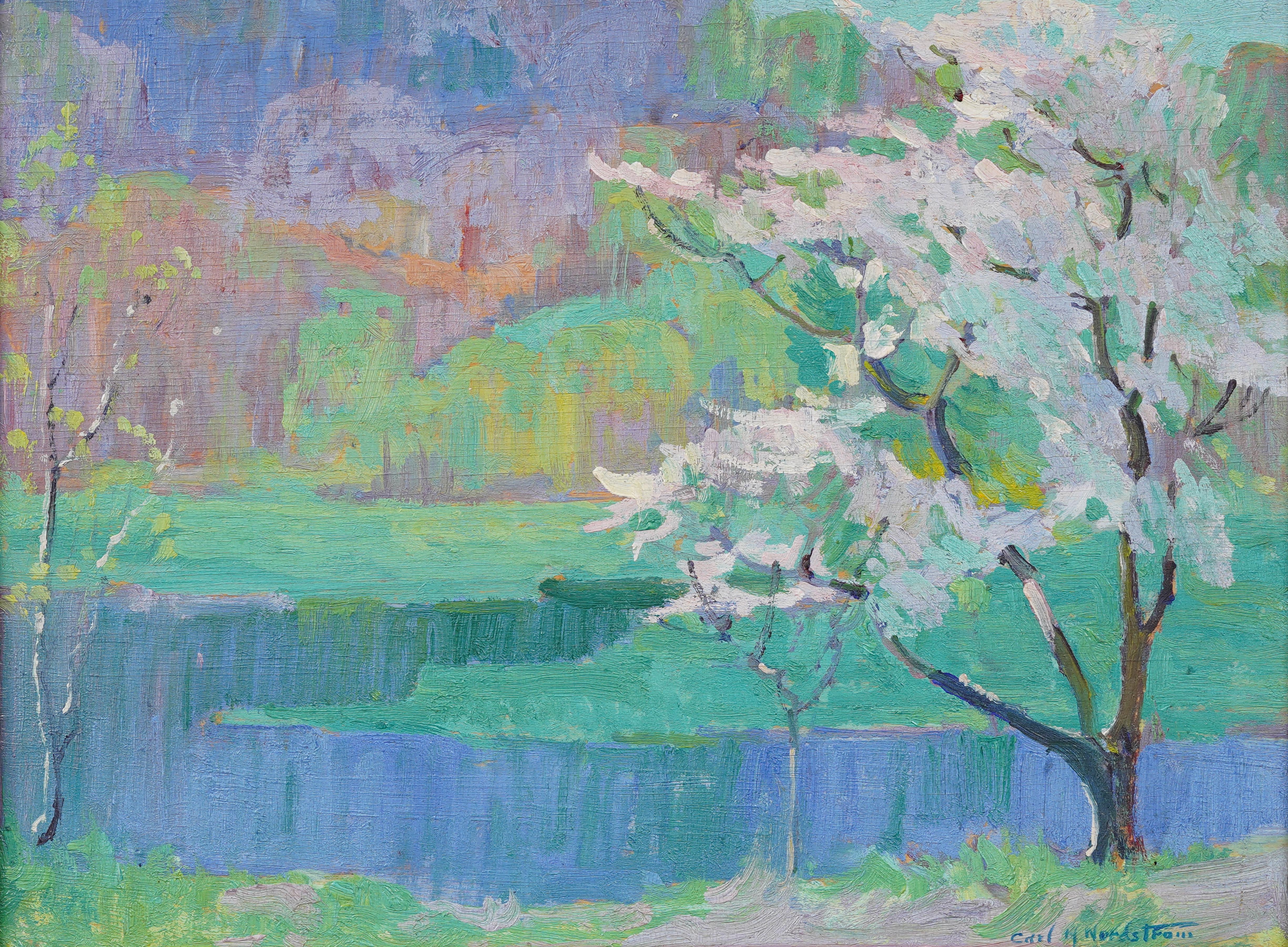 Antico paesaggio ad olio con cornice dell'impressionista americano Spring Blossom River Valley - Landscape Painting Grigio di Carl Harold Nordstrom 