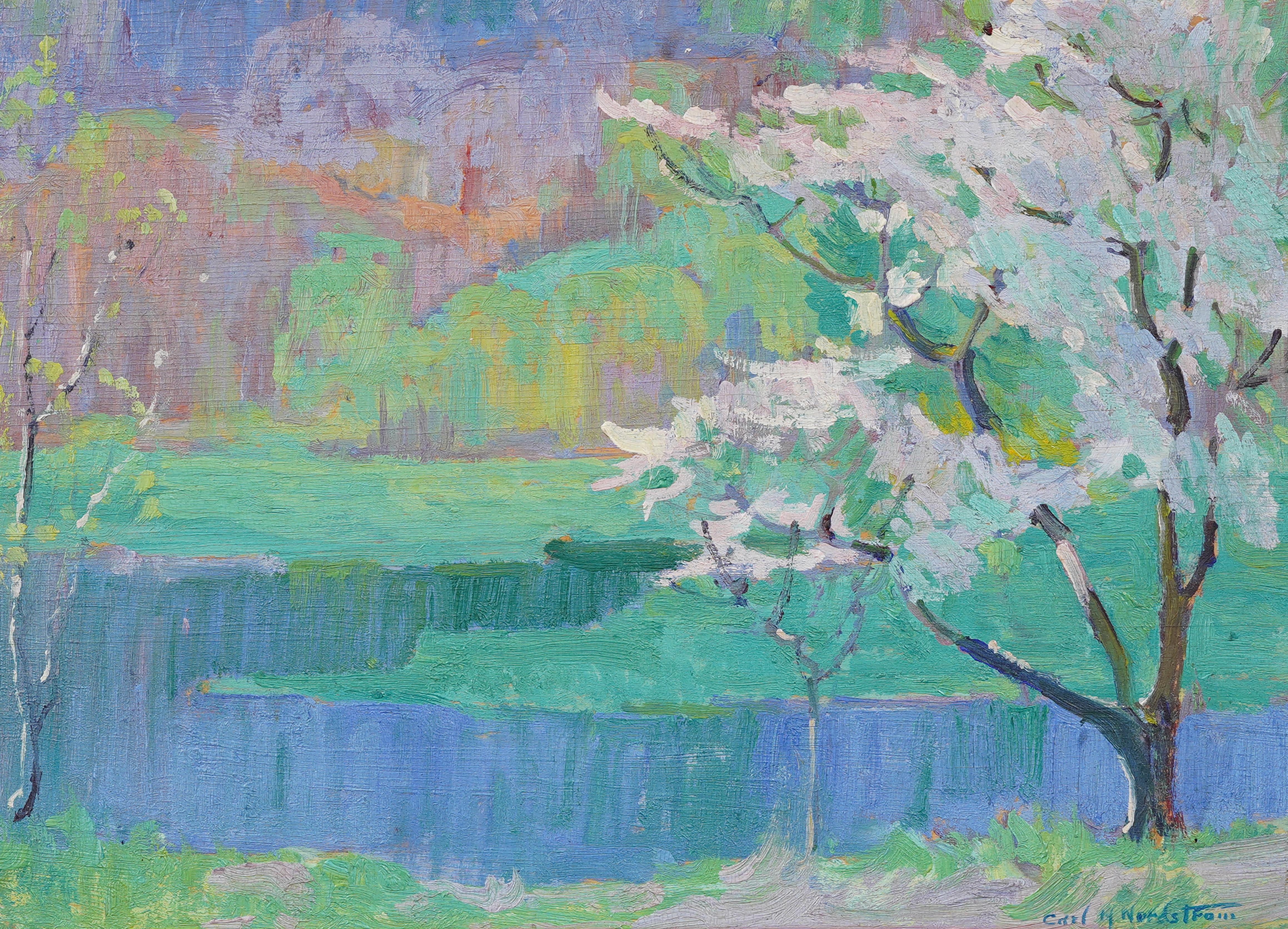 Splendido dipinto ad olio di paesaggio impressionista americano di Carl Harold Nordstrom (1876 - 1965).  Incorniciato.  Olio su tavola.  Firmato.  Dimensioni dell'immagine, 11H per 14L.  Condizioni eccellenti.  Finemente dipinto.  