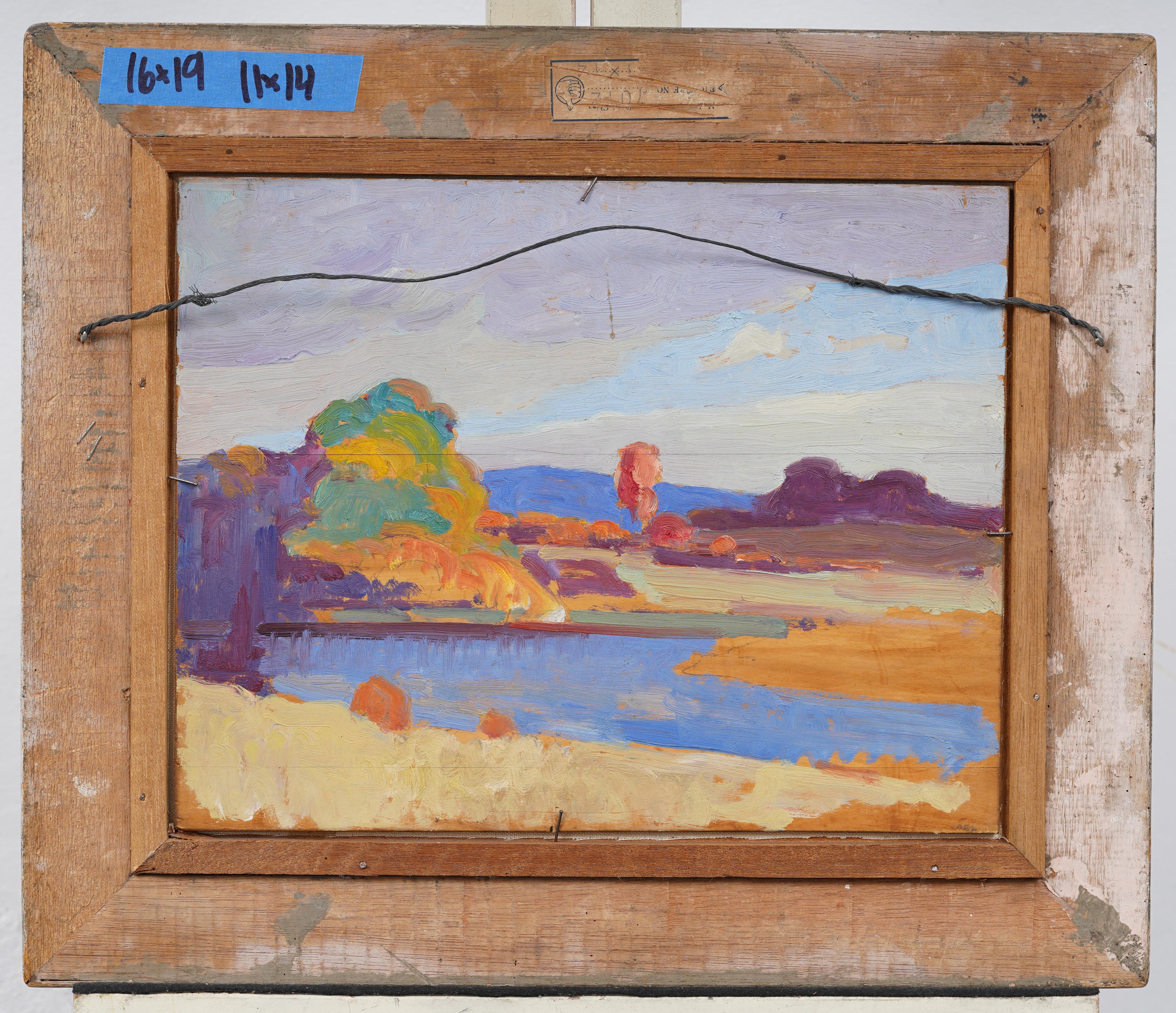 Antico paesaggio ad olio con cornice dell'impressionista americano Spring Blossom River Valley 2