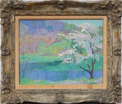Antico paesaggio ad olio con cornice dell'impressionista americano Spring Blossom River Valley