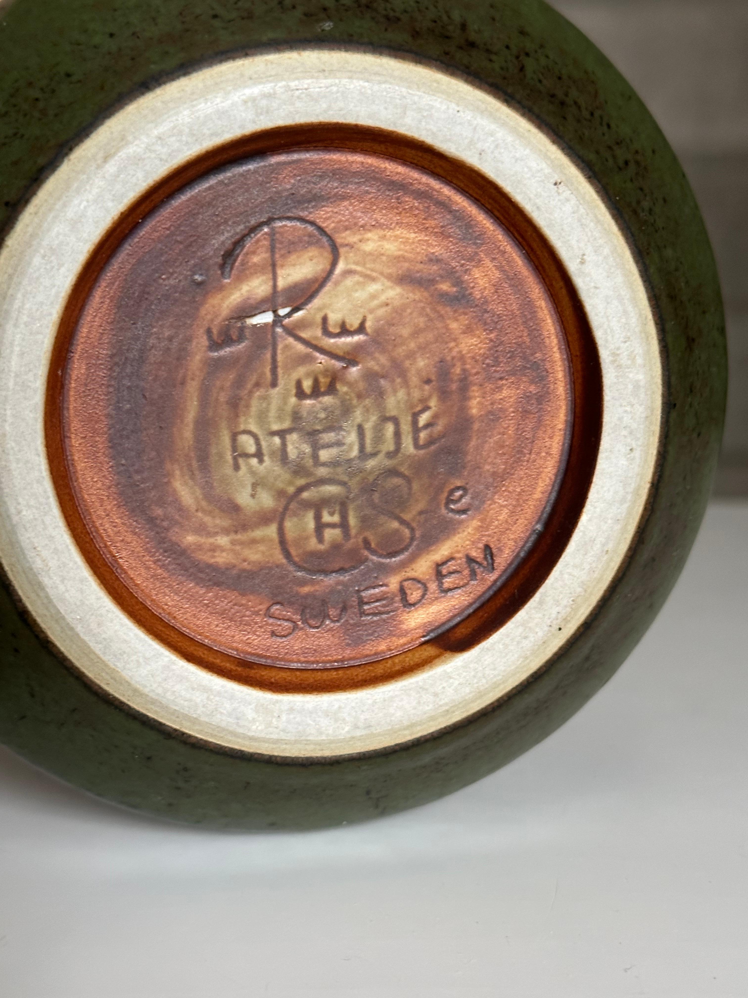 Carl Harry Stålhane for Rörstrand Atelje Mottled Green Ceramic Bowl/ Low Vase For Sale 3