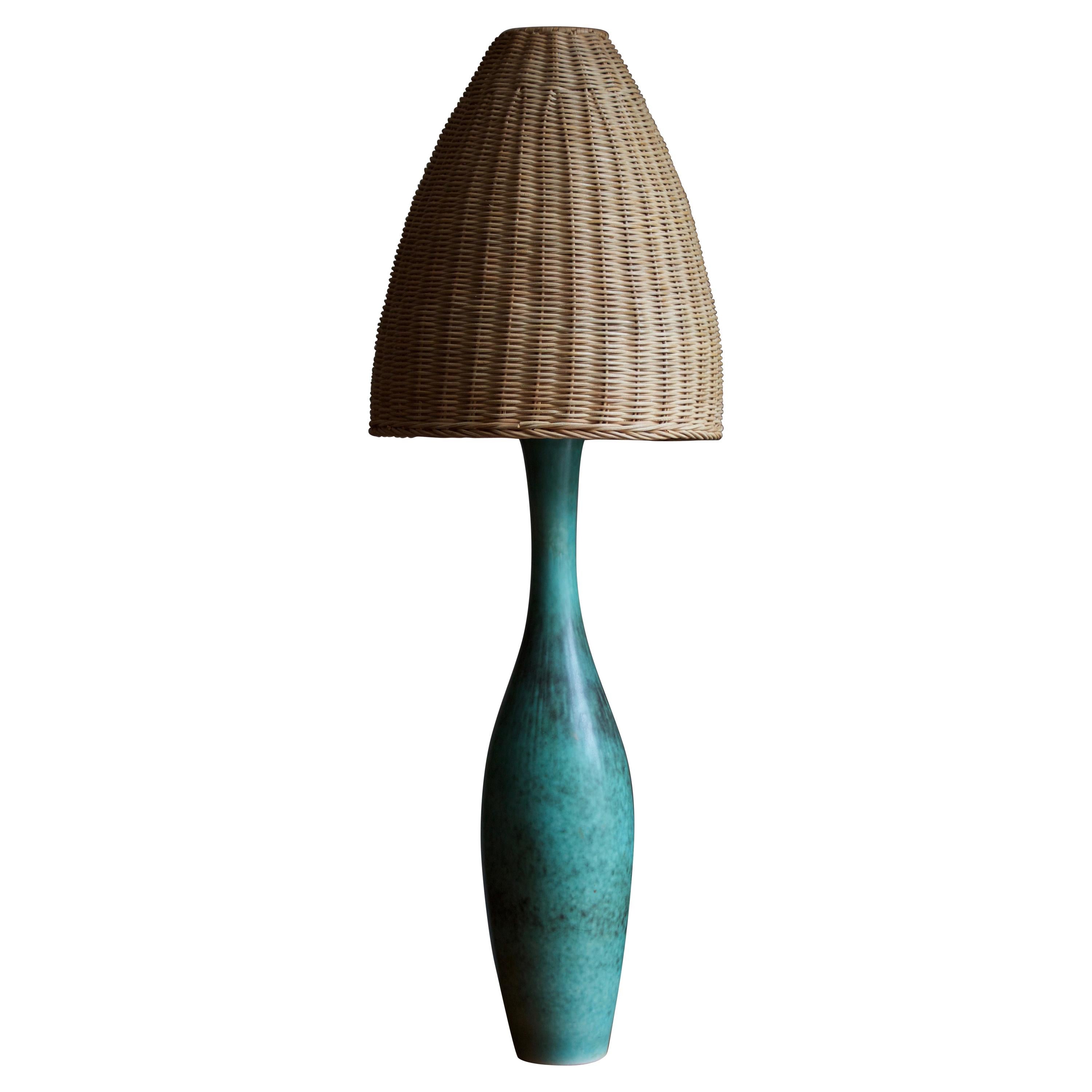 Carl-Harry Stålhane, Large Table Lamp, Glazed Stoneware, Rattan, Rörstrand 1950s