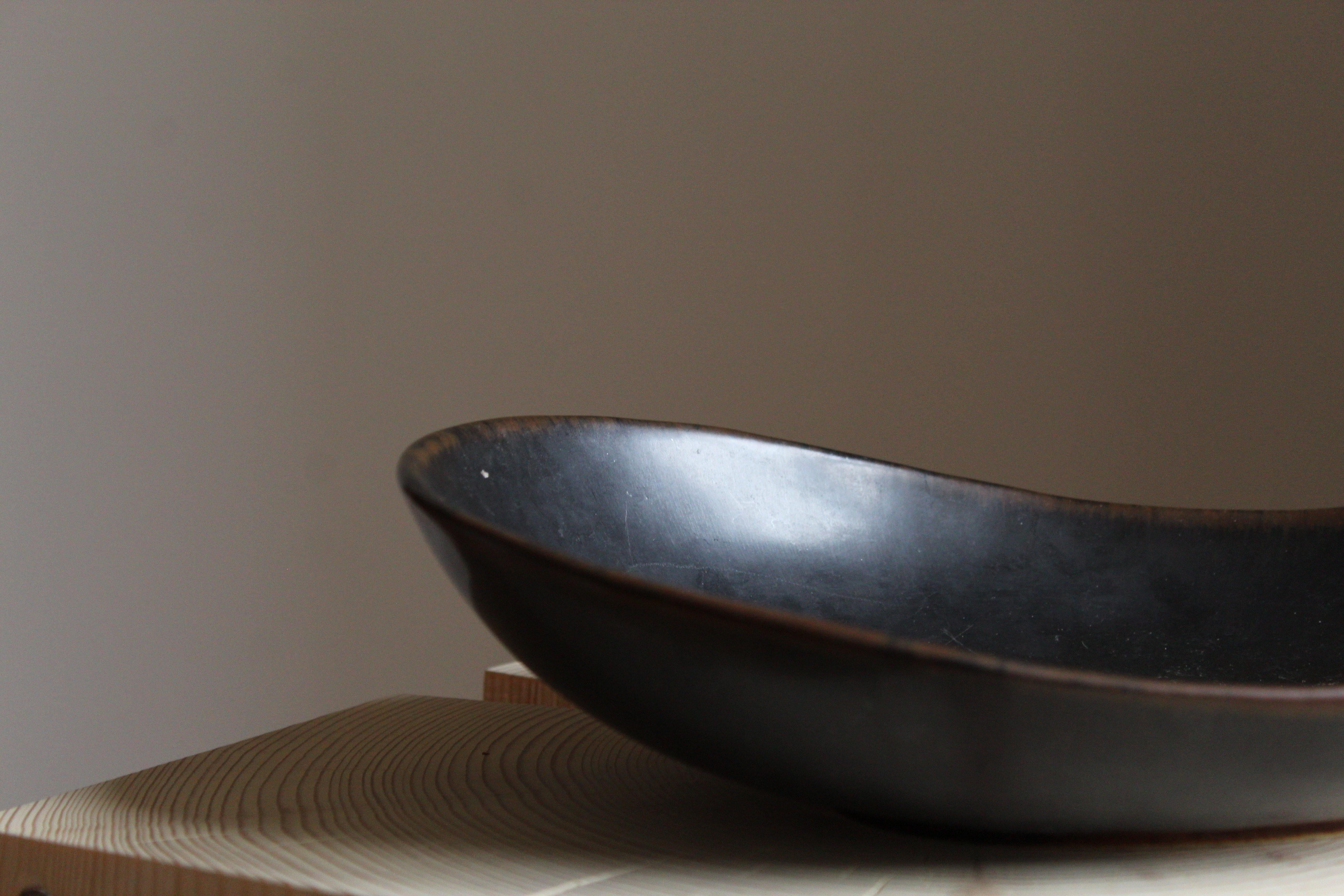 Mid-Century Modern Carl-Harry Stålhane, Organic Bowl, Black / Brown Glazed Stoneware Rörstand 1950s