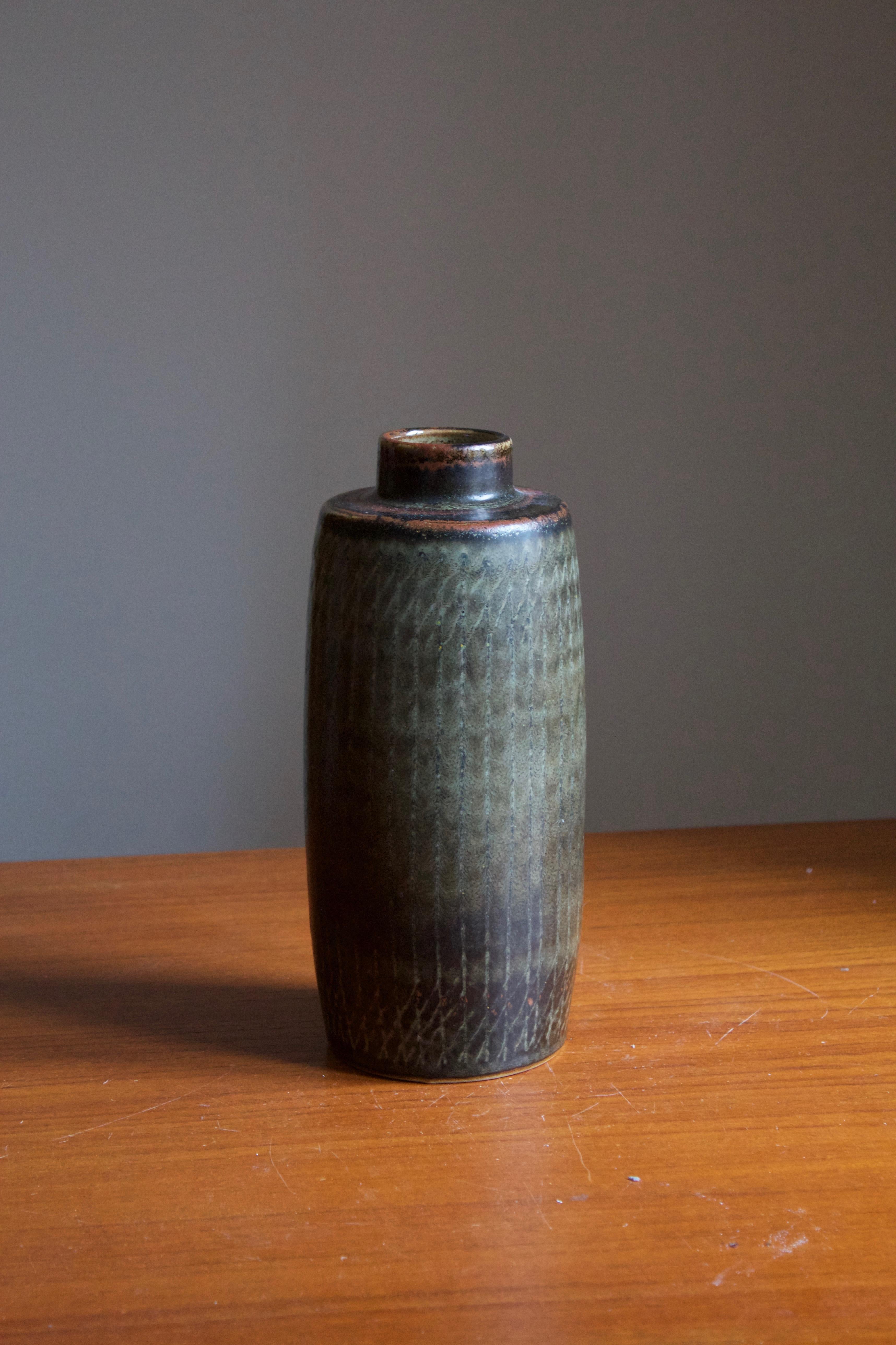 A rare sizable stoneware vase or vessel designed by Carl-Harry Stålhane produced by Rörstrand, signed, likely produced 1960s. From the rare production series at Rörstands named 