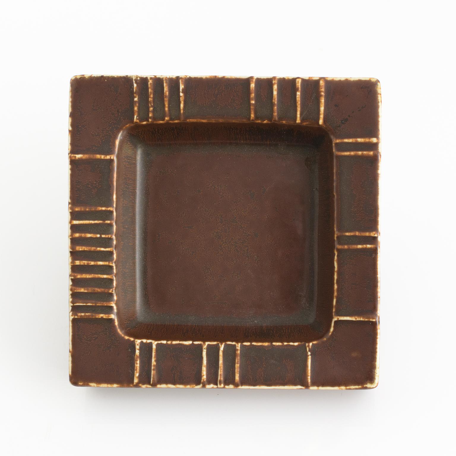 Scandinavian Carl-Harry Stalhane Rectangular Dish in Brown and Gold Glazes, Rorstrand, 1950