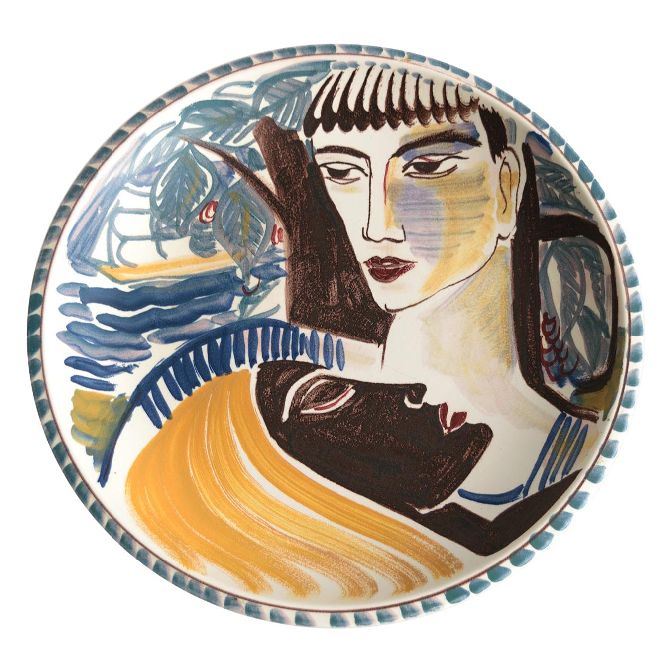 Carl Harry Stålhane, Rorstrand 1943, Hand Painted Bowl with Two Faces For Sale