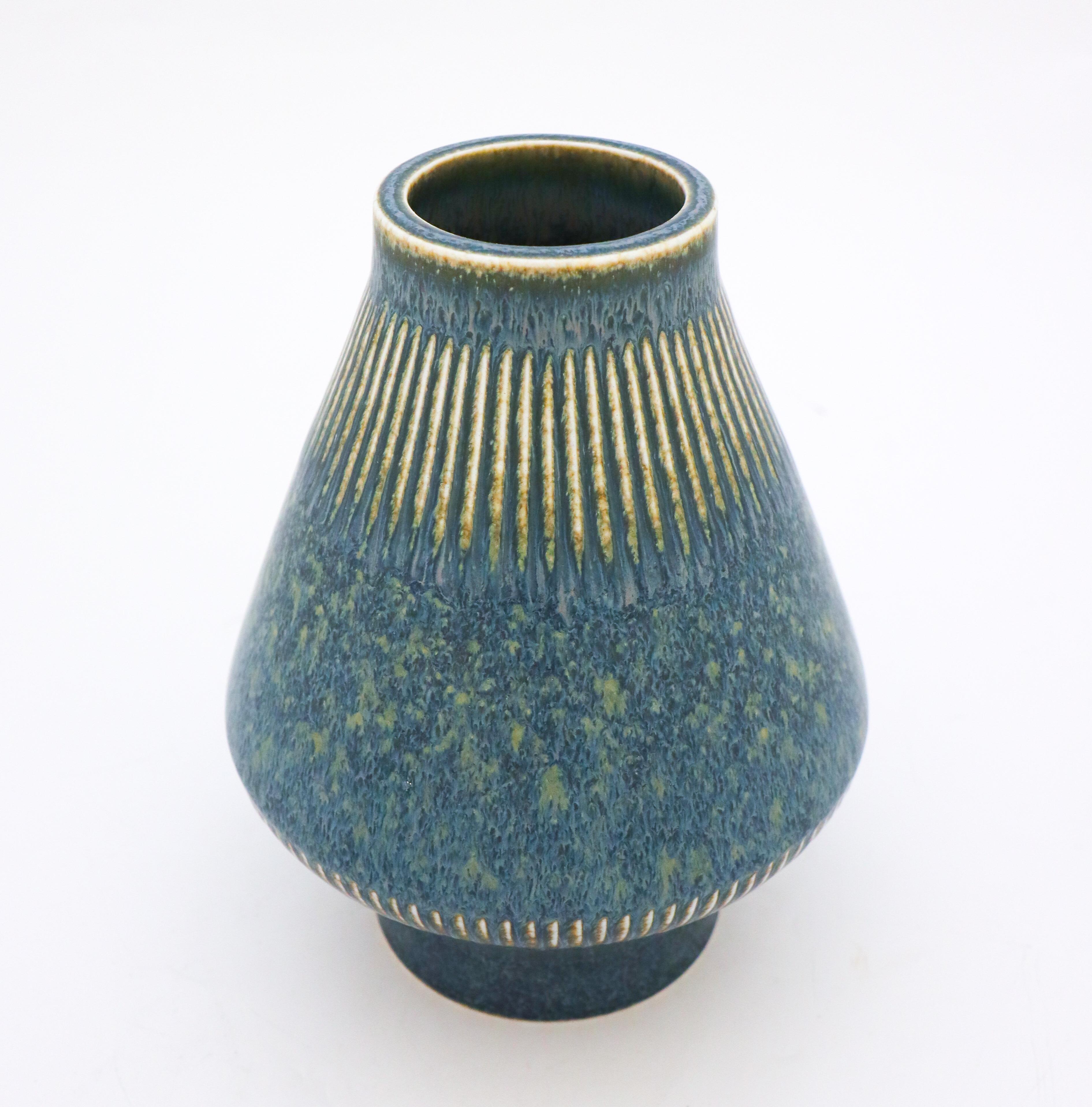 Swedish Carl-Harry Stålhane, Rörstrand, Mid-Century Blue Graphic Vintage Stoneware Vase