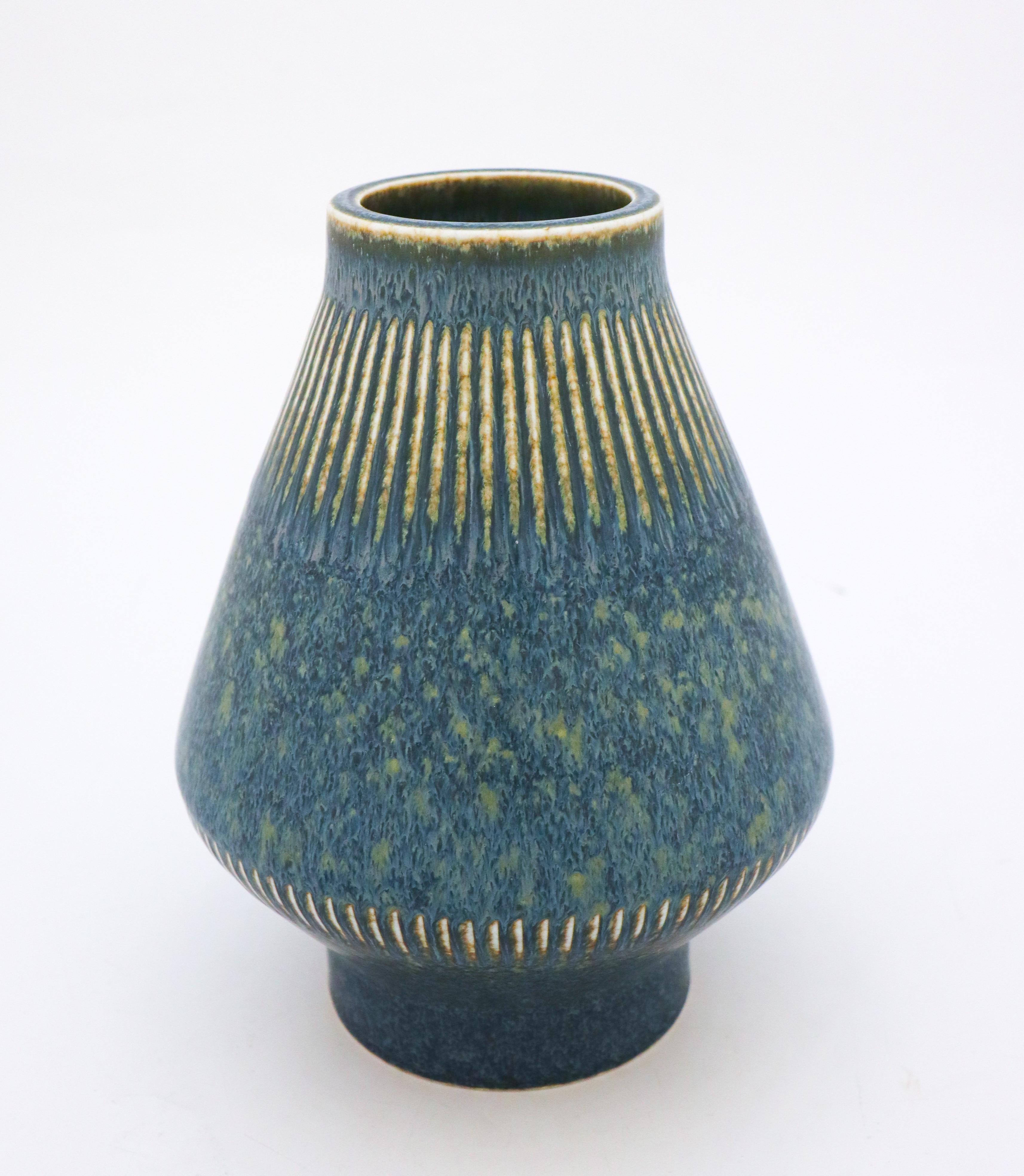 Carl-Harry Stålhane, Rörstrand, Mid-Century Blue Graphic Vintage Stoneware Vase In Good Condition In Stockholm, SE