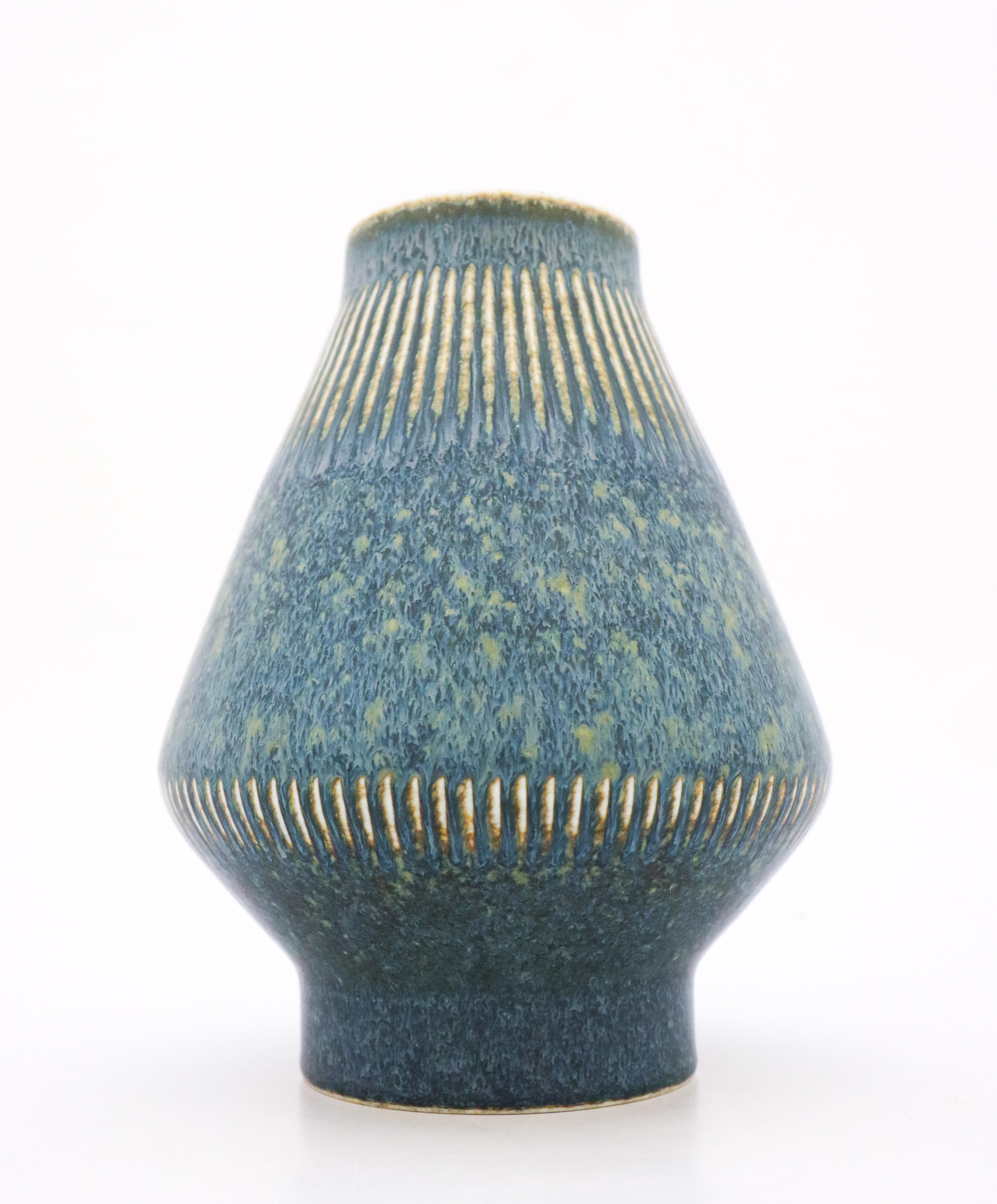 Mid-20th Century Carl-Harry Stålhane, Rörstrand, Mid-Century Blue Graphic Vintage Stoneware Vase