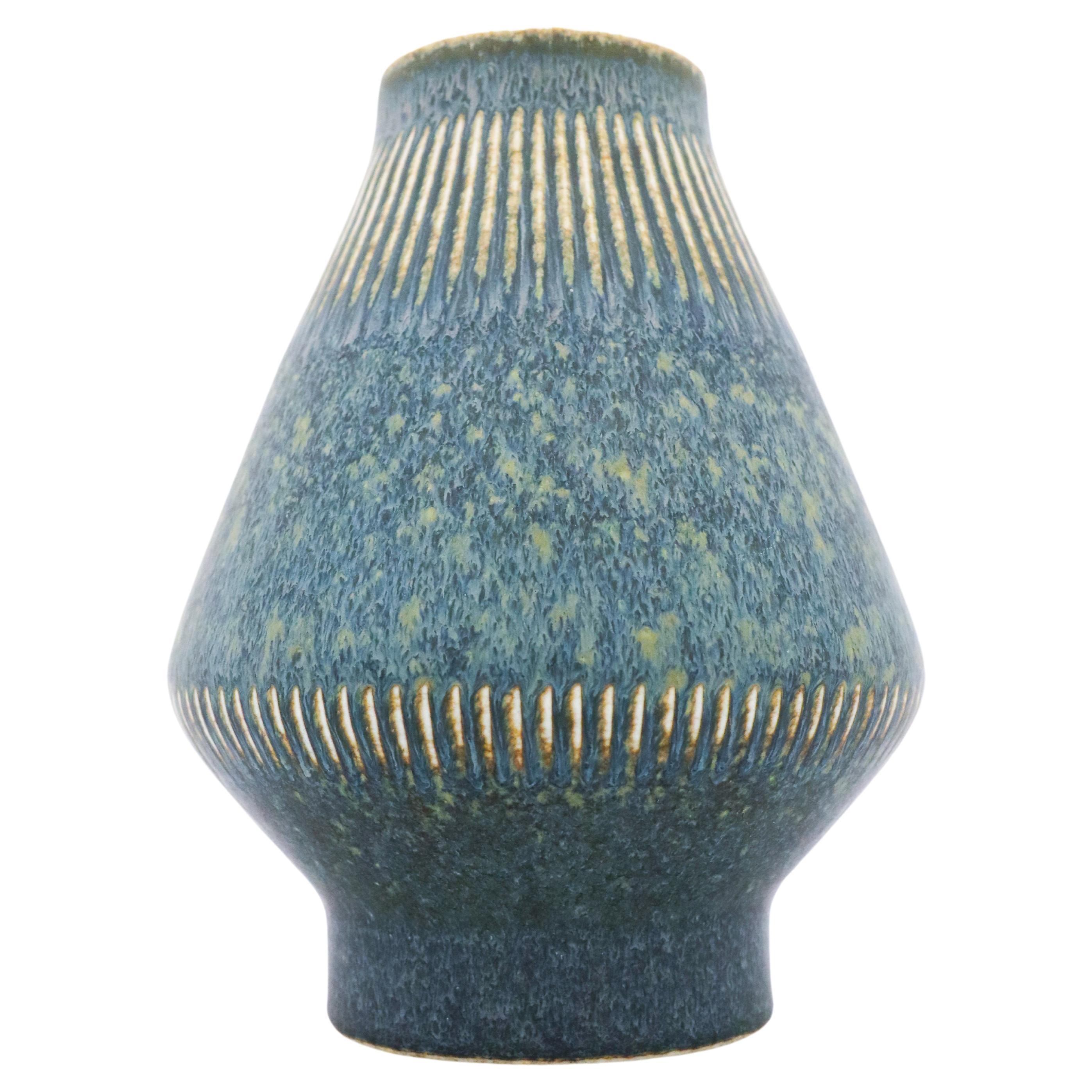 Carl-Harry Stålhane, Rörstrand, Mid-Century Blue Graphic Vintage Stoneware Vase