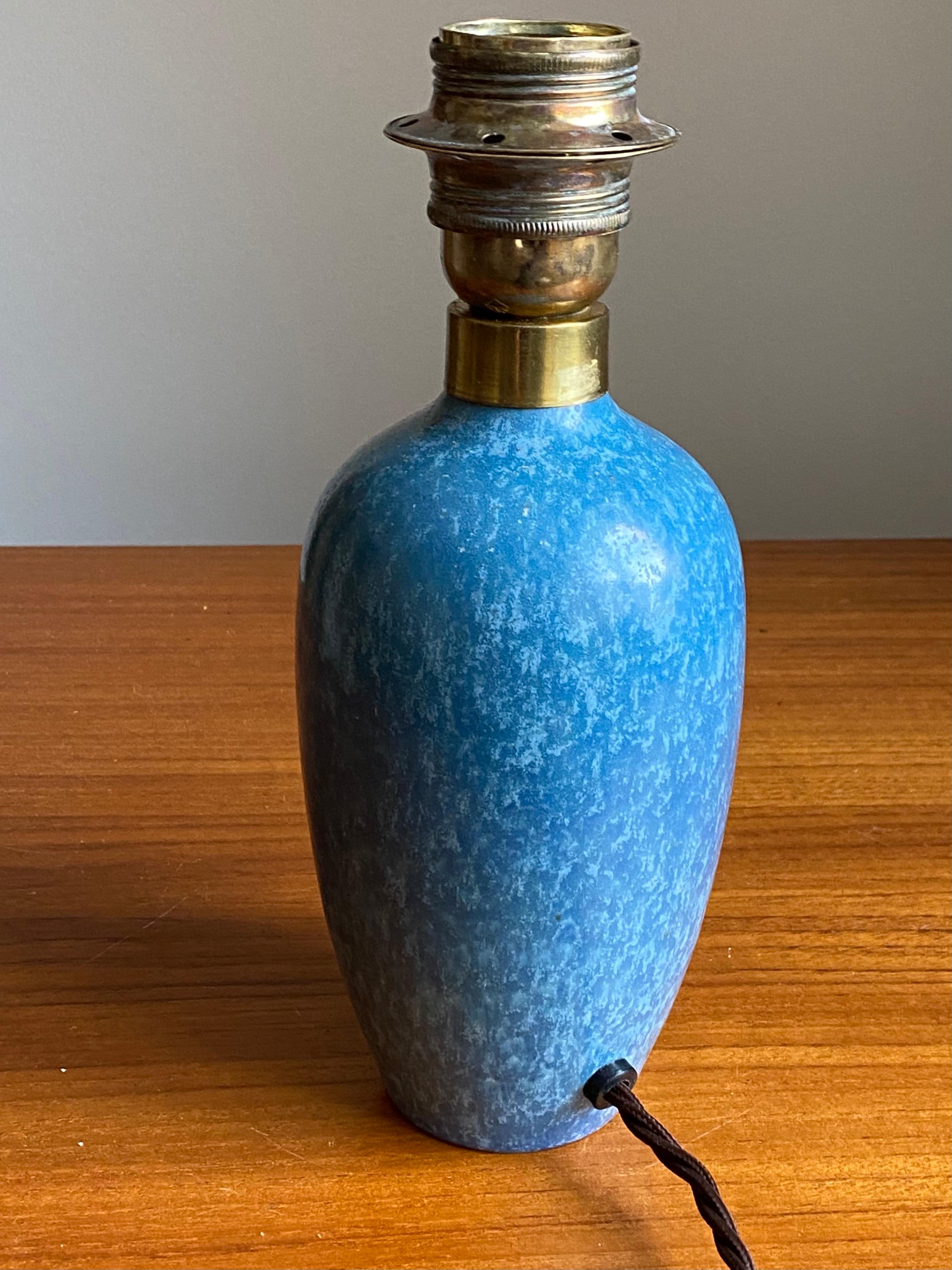 Swedish Carl-Harry Stålhane, Table Lamp, Blue Glazed Stoneware, Brass, Rörstrand, 1950s