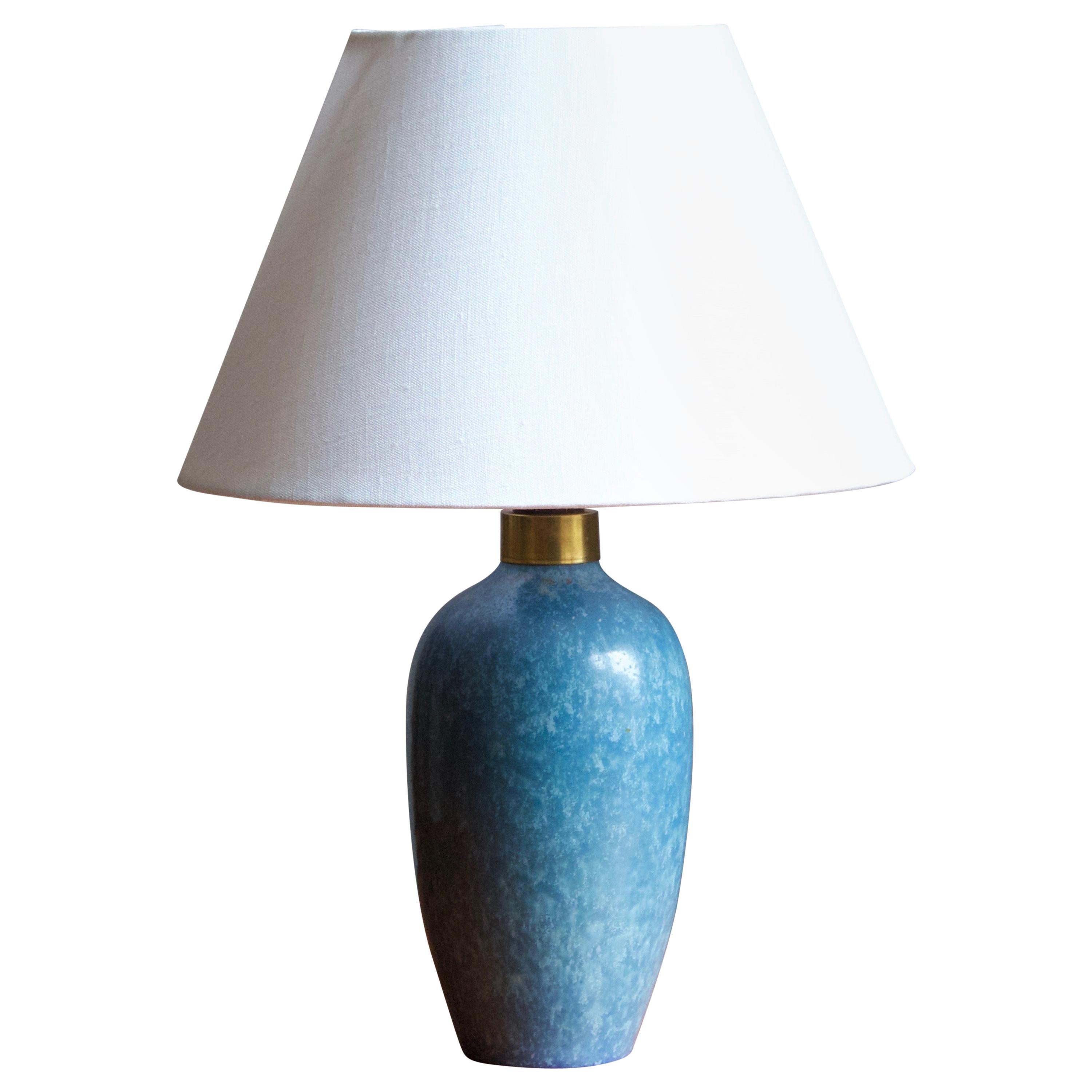 Carl-Harry Stålhane, Table Lamp, Blue Glazed Stoneware, Brass, Rörstrand, 1950s