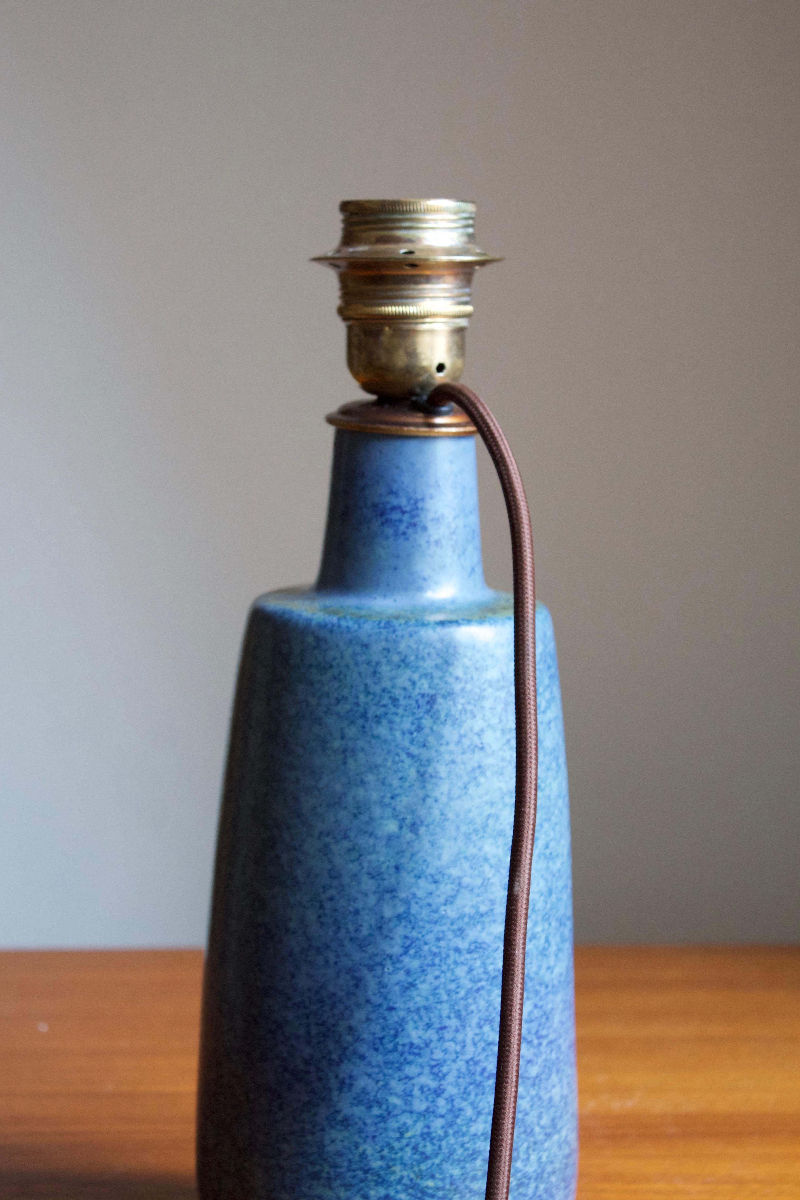 Swedish Carl-Harry Stålhane, Table Lamp, Blue Glazed Stoneware, Rattan, Rörstrand, 1950s